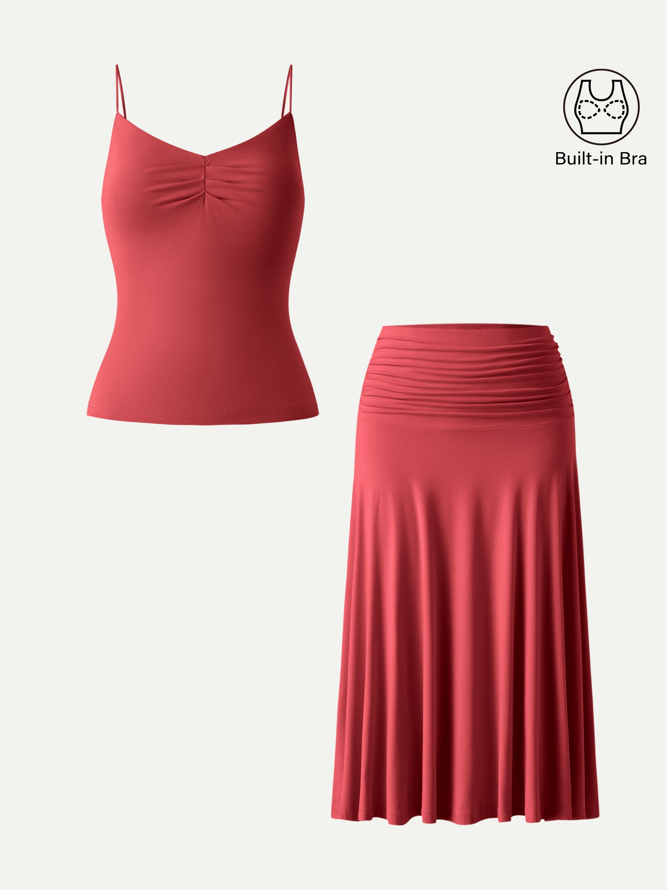 OGLmove Front Tucked Spaghetti Brami A-line Midi Skirt 2-Piece Set