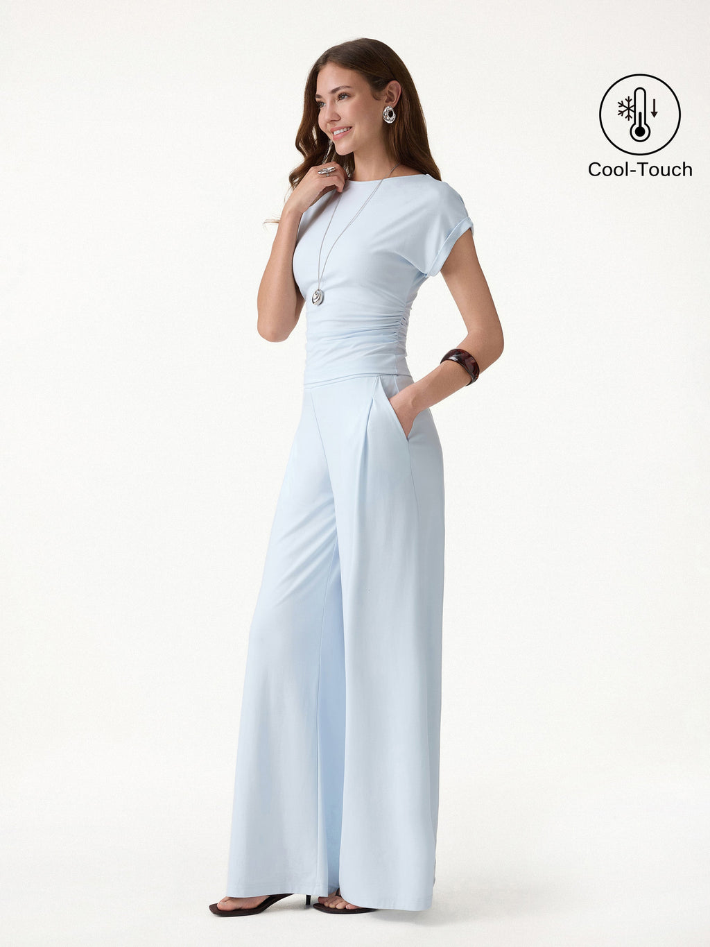 OGLmove Women's 2-Piece Set Round Neck Ruched Tee Wide Leg