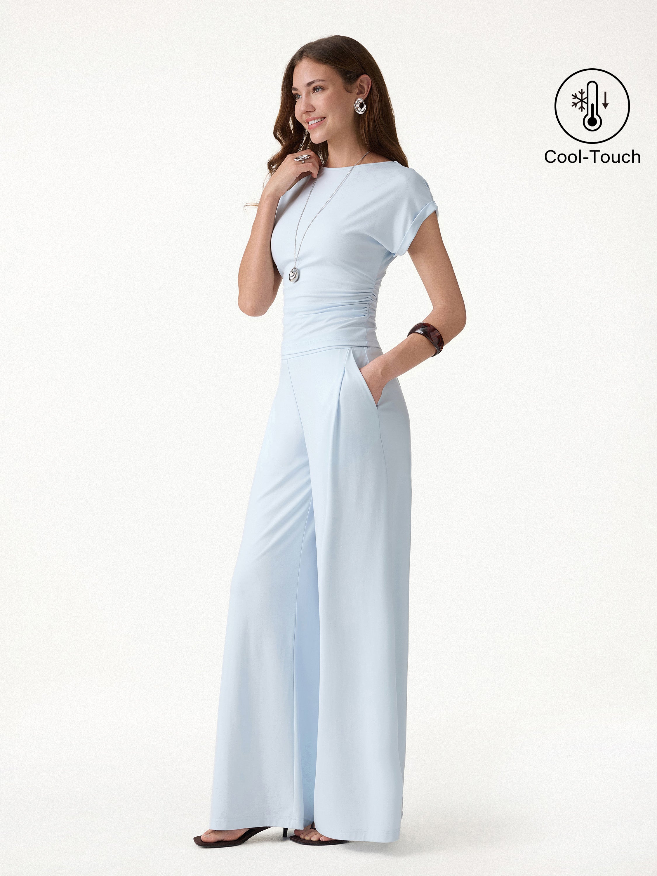 OGLmove Women's 2-Piece Set Round Neck Ruched Tee Wide Leg