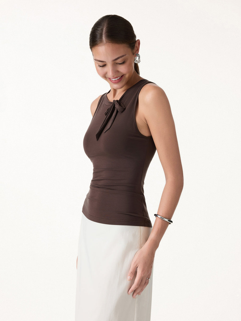 OGLmove Women's Milky Smooth Round Neck Sleeveless Top with Bow