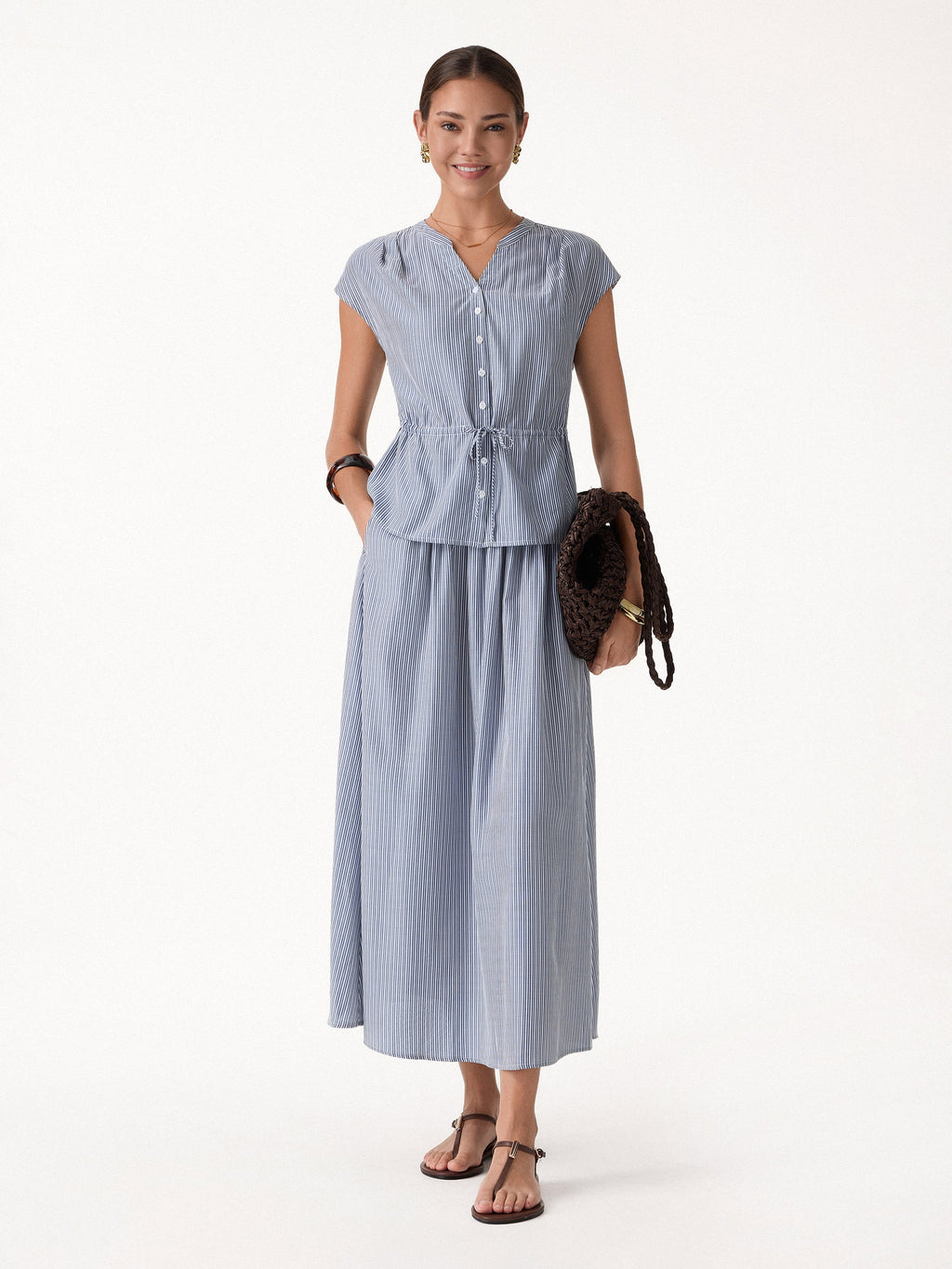 OGLmove Notched V-Neck Drawstring Waist Poplin Shirt
