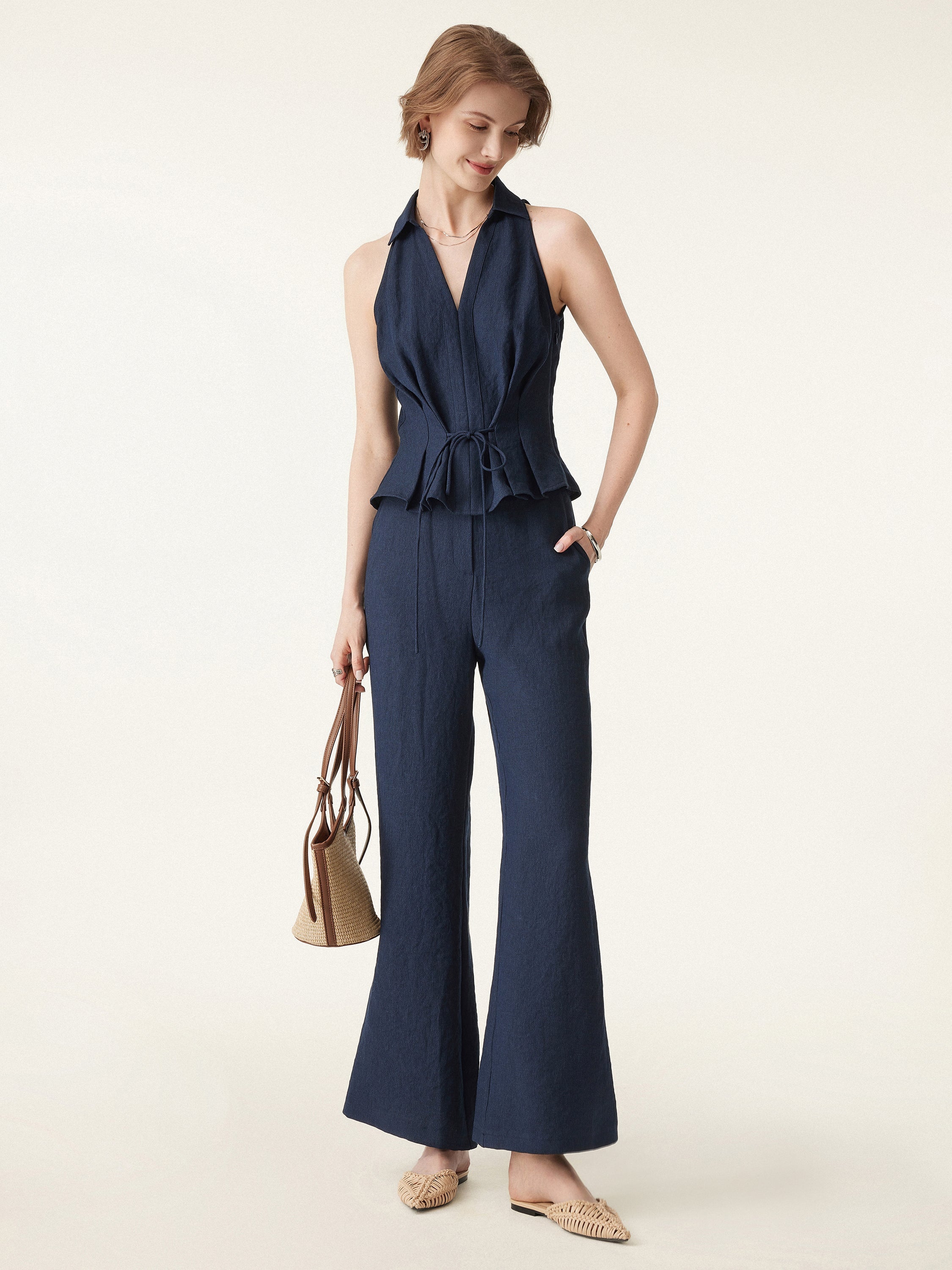 OGLmove Collared V-Neck Pleated Sleeveless Top with Drawstring