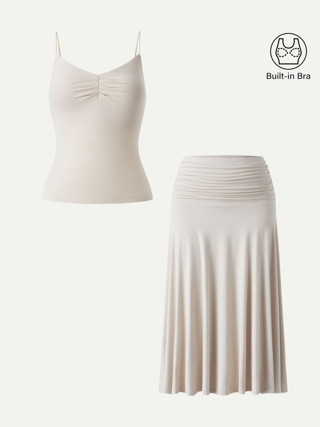 OGLmove Front Tucked Spaghetti Brami A-line Midi Skirt 2-Piece Set