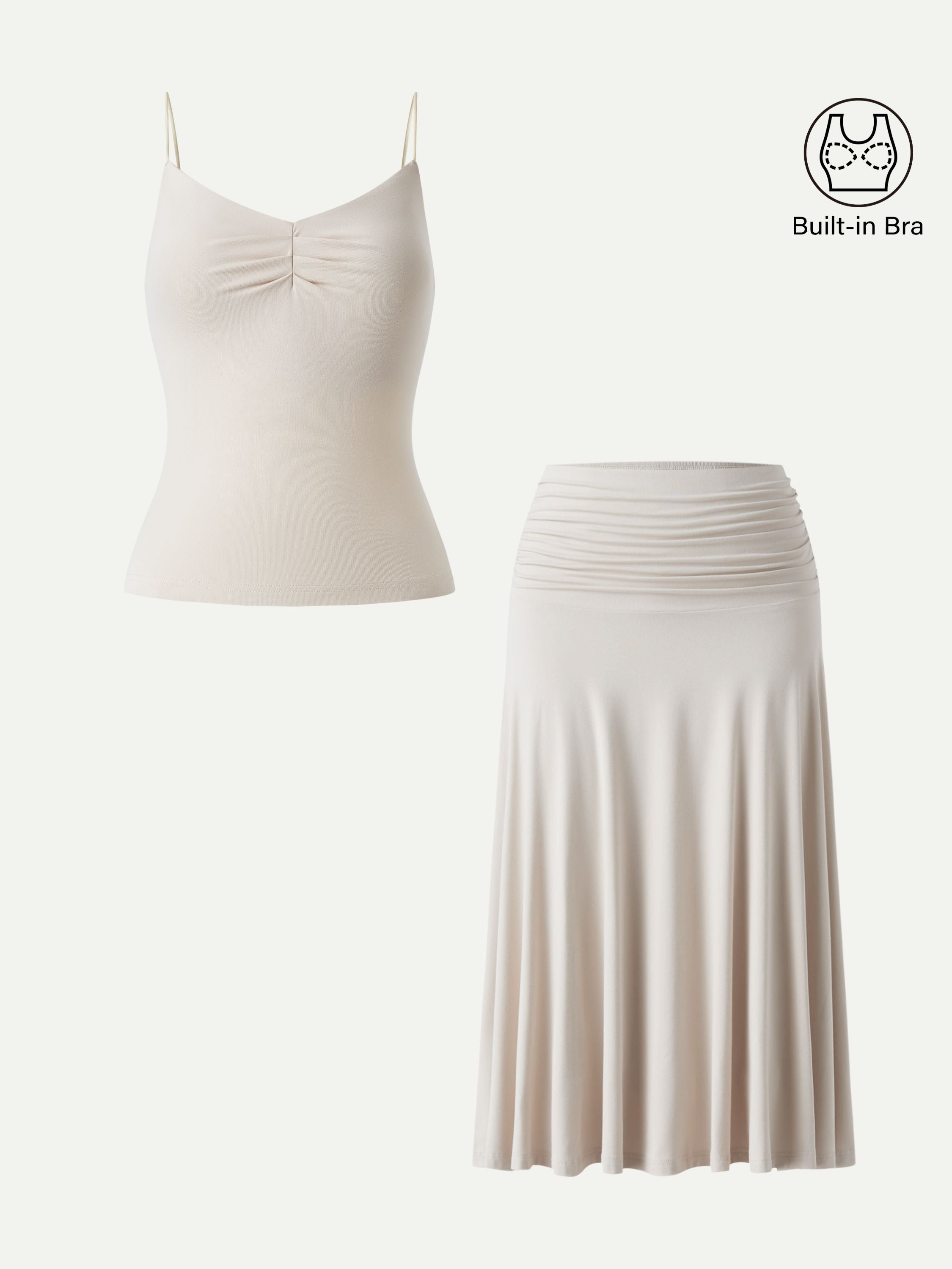 OGLmove Front Tucked Spaghetti Brami A-line Midi Skirt 2-Piece Set