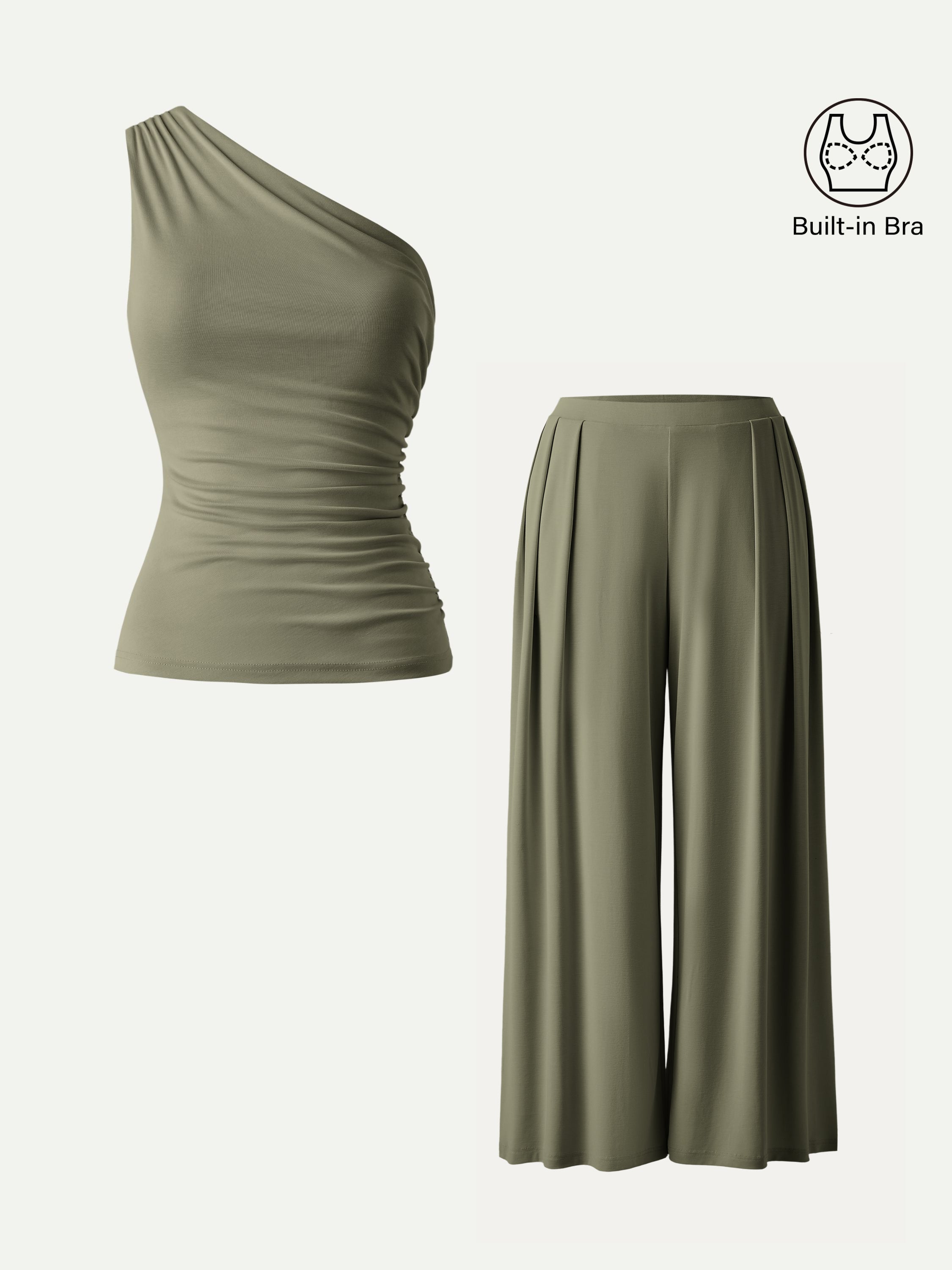 OGLmove 2Pcs Set Petite Wide Leg Palazzo Pant with Pockets & Ruched Bra Tank