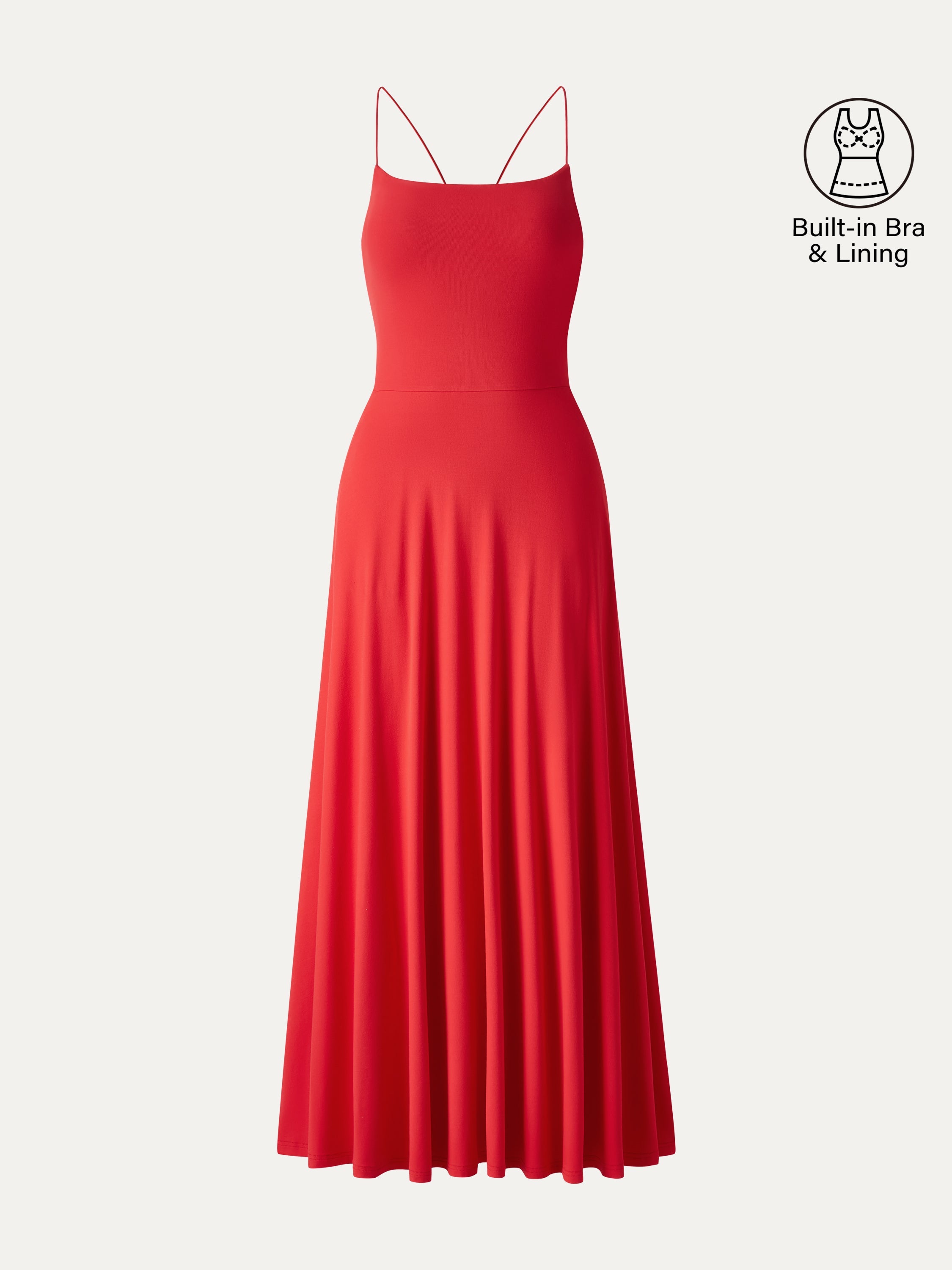 OGLmove Women's Square Neck Spaghetti Open Back Midi Bra Dress with Pockets
