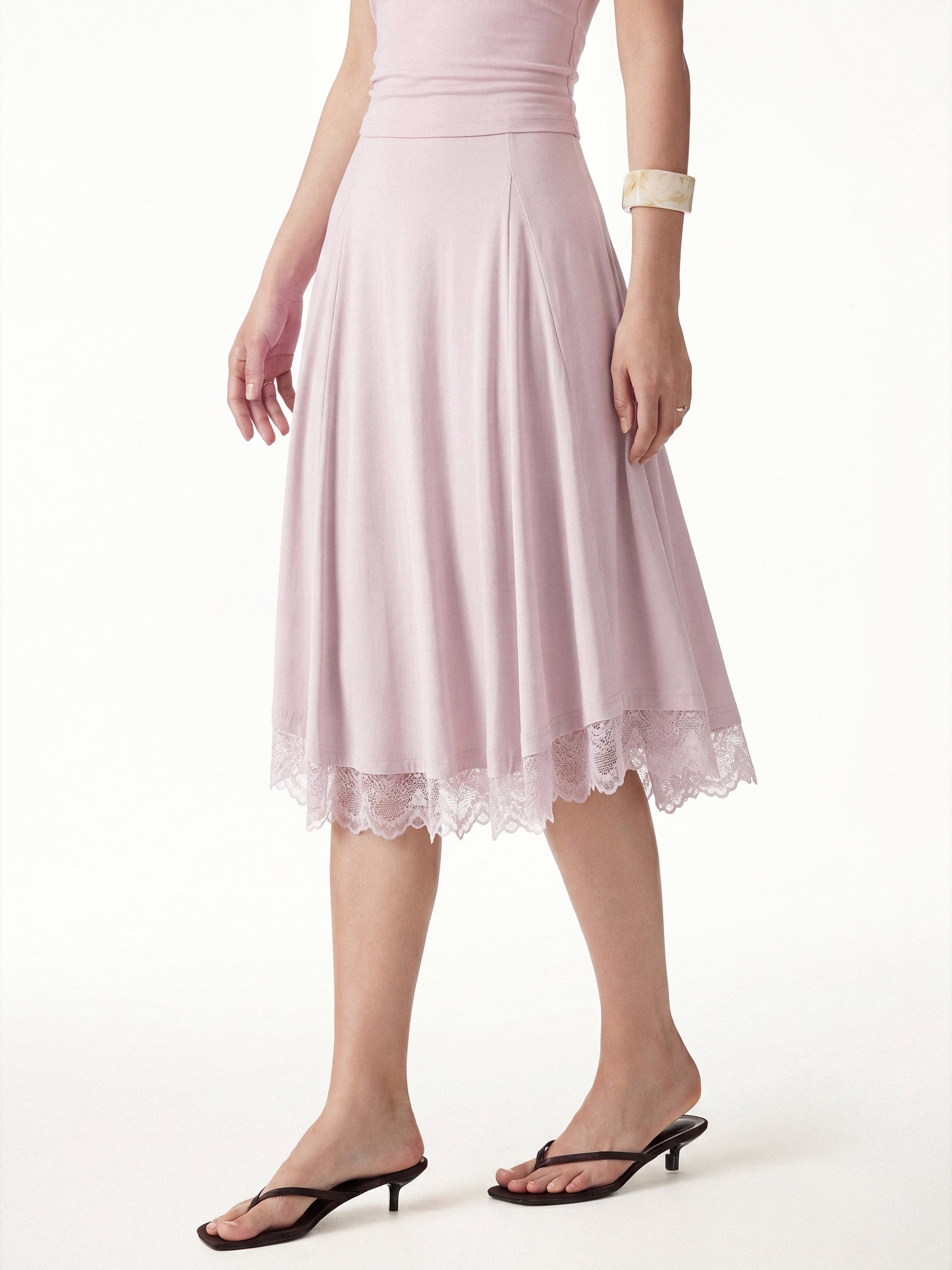 OGLmove Lace Trim Midi Circle Flare Skirt