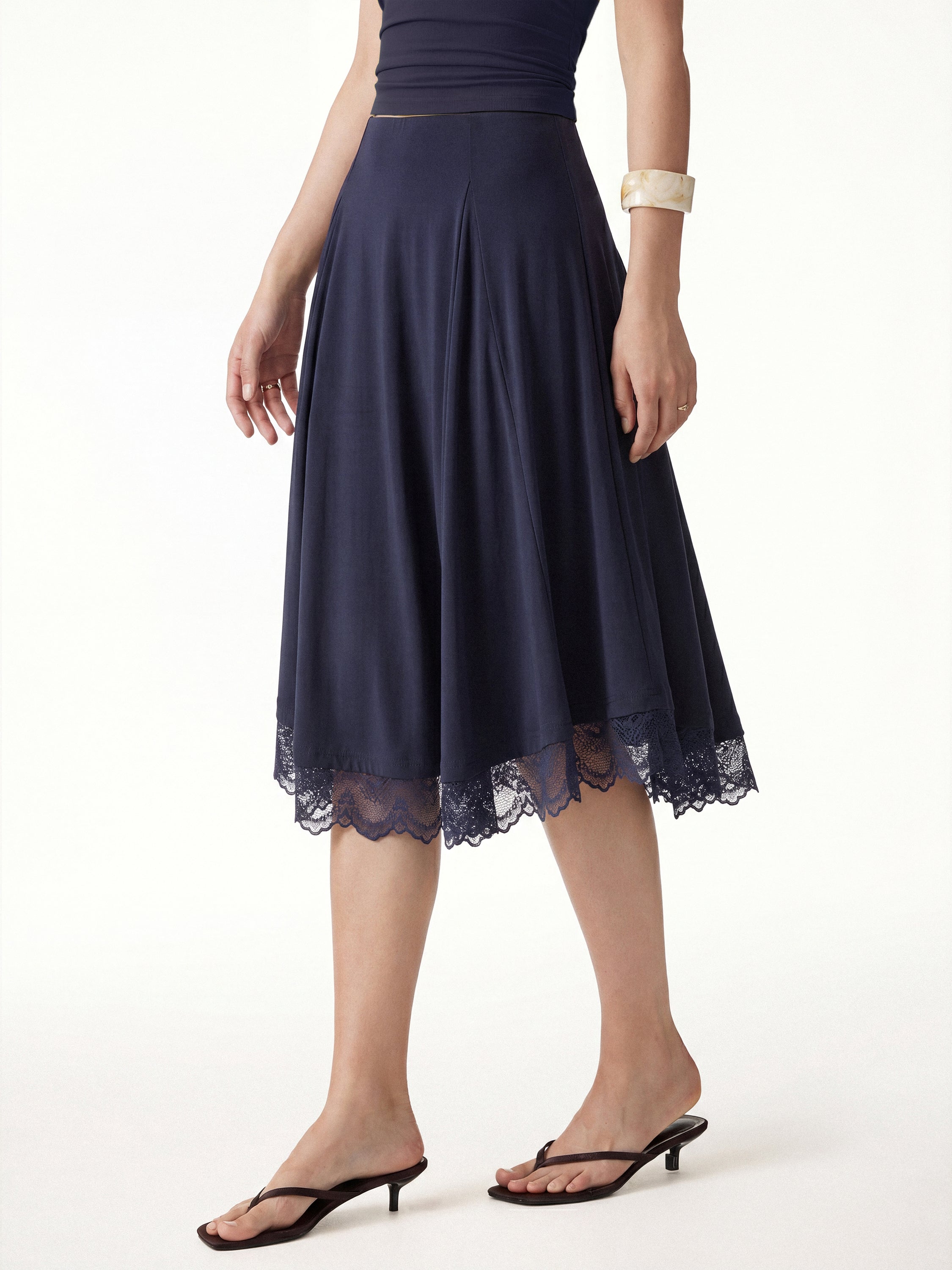 OGLmove Lace Trim Midi Circle Flare Skirt
