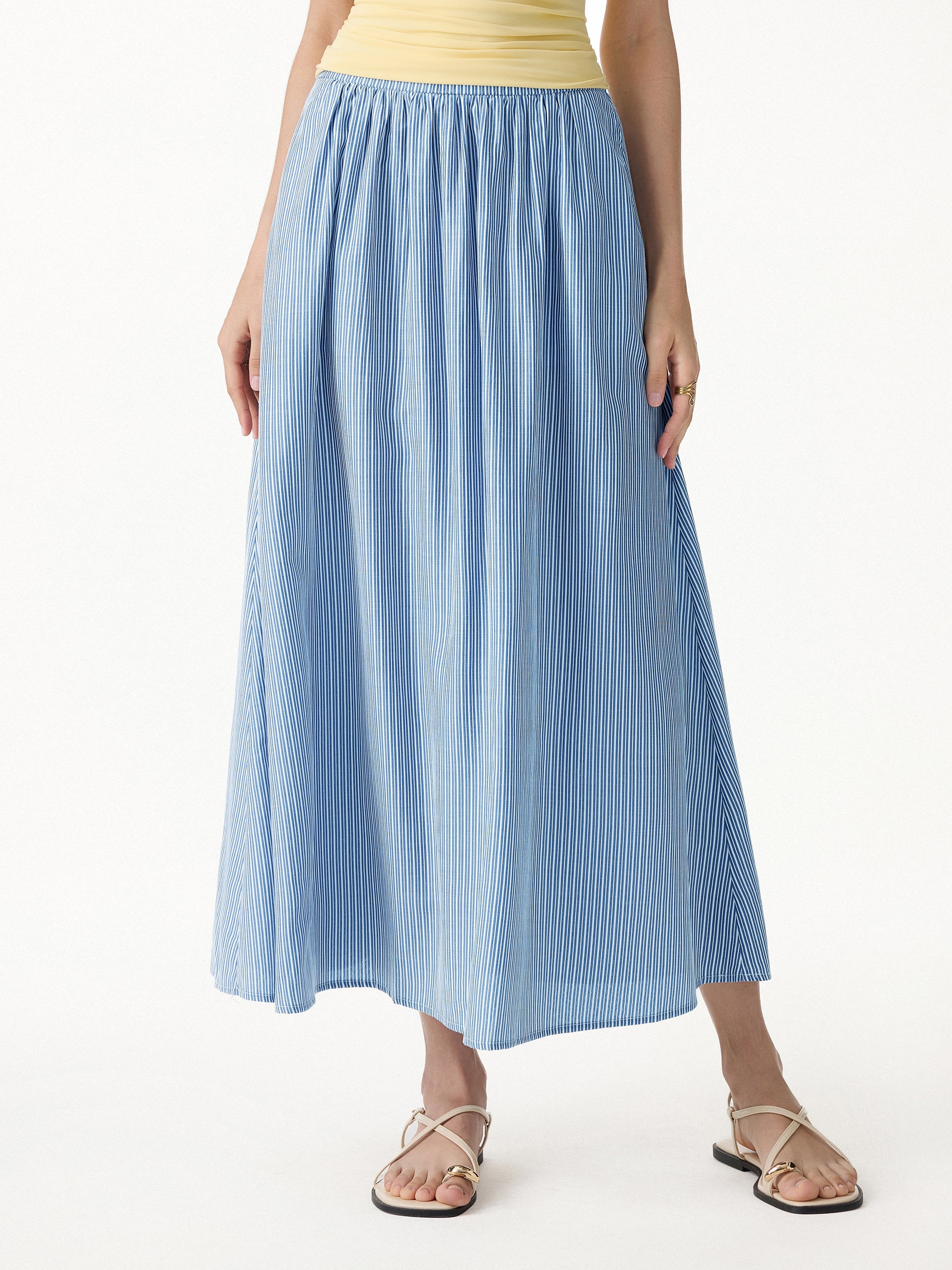 OGLmove Striped Poplin High Rise Umbrella Midi Skirt with Pockets
