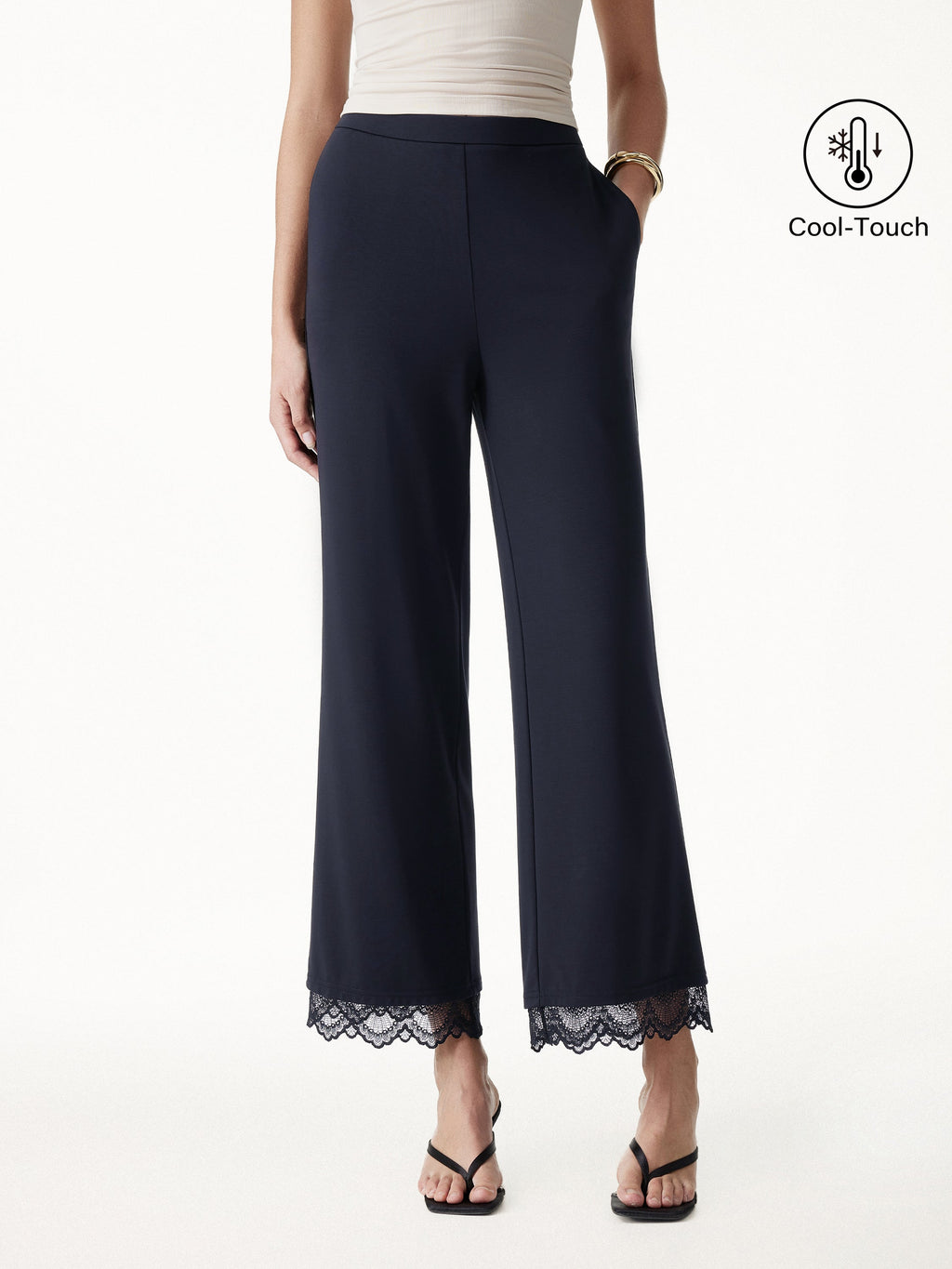 OGLmove Lace Trim Draped Mid Rise Wide Leg Pants with Pockets