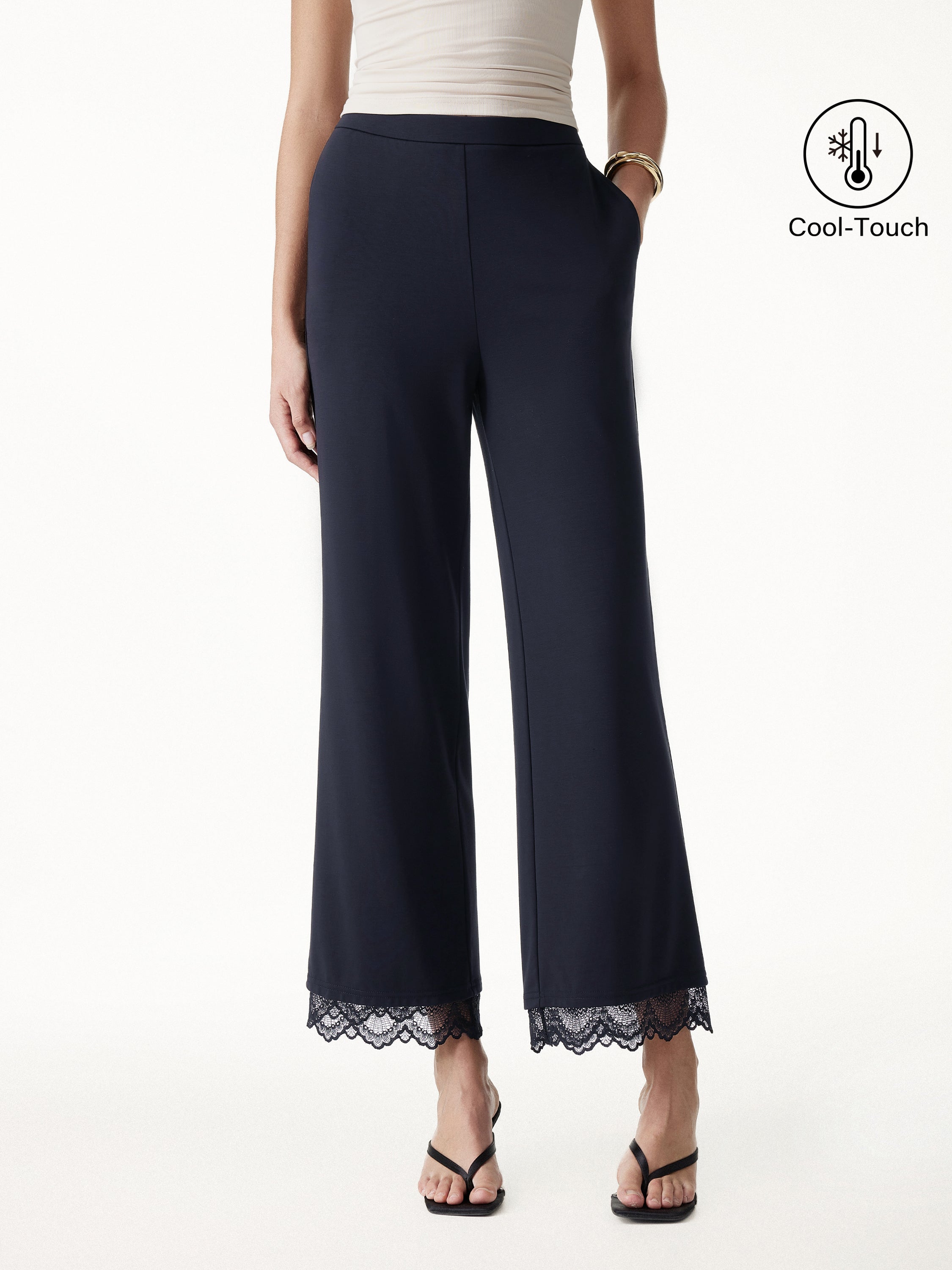 OGLmove Lace Trim Draped Mid Rise Wide Leg Pants with Pockets