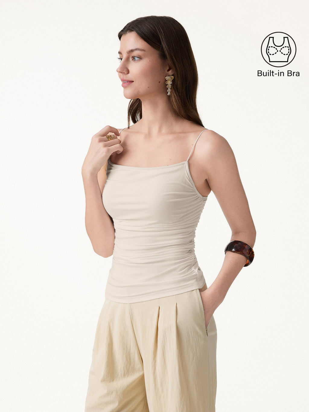 OGLmove Women's Square Neck Ruched Spaghetti Bra Top