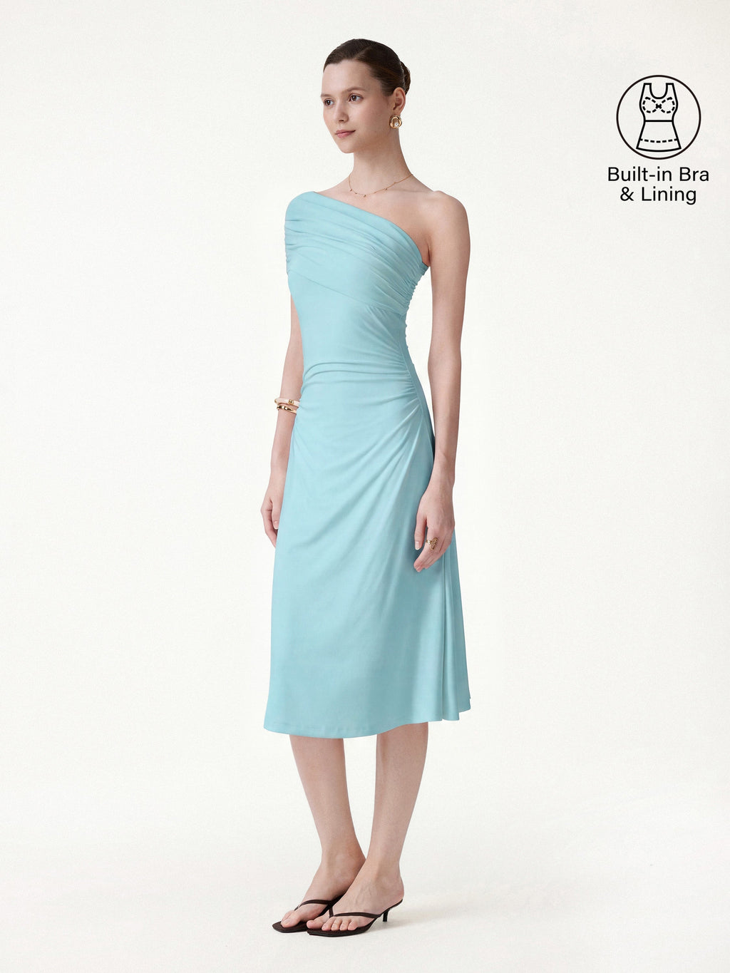 OGLmove Not-See-Thru One Shoulder Gathered Midi Bra Dress