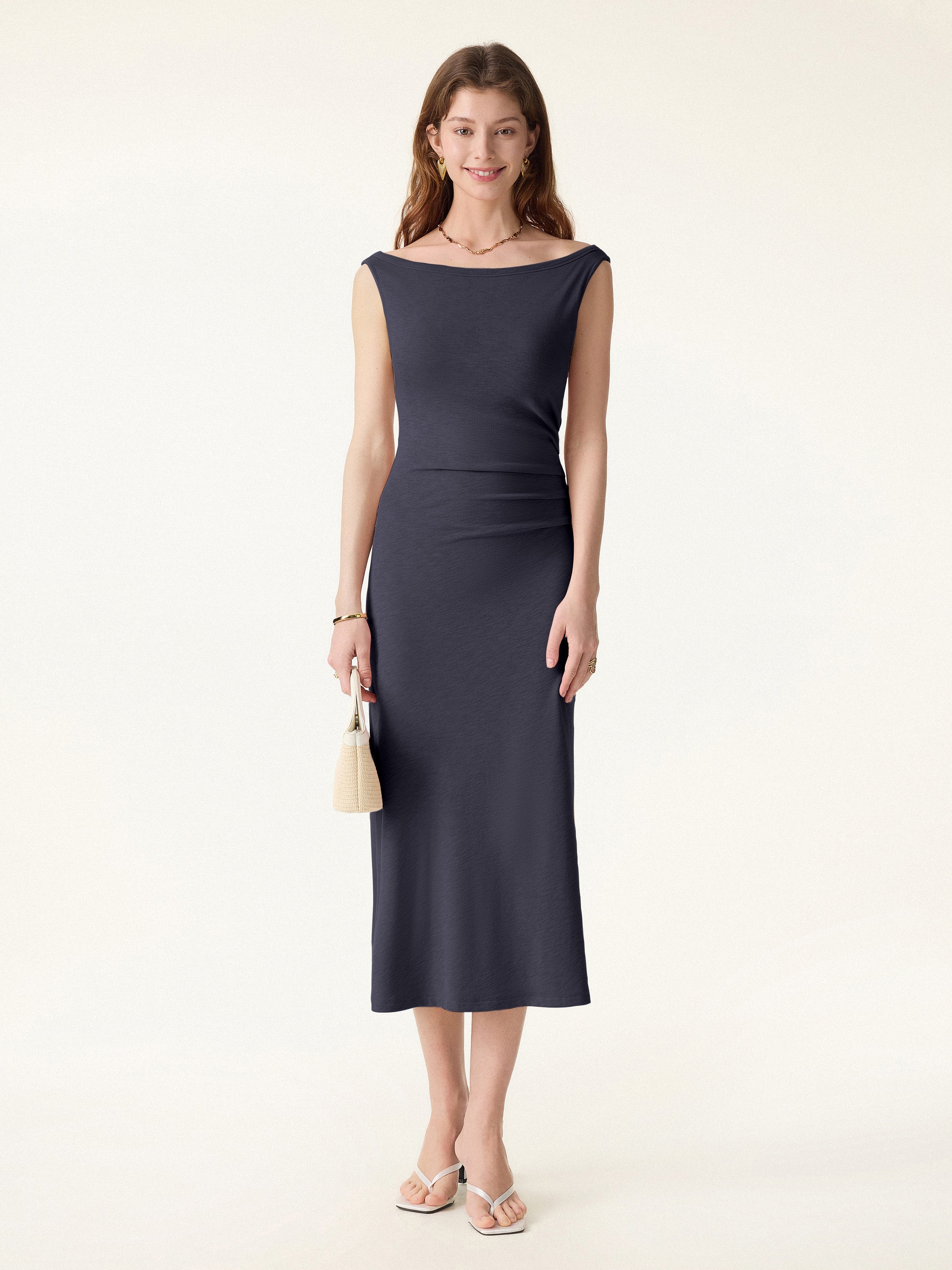 OGLmove Women's Boatneck Tucked Fit-and-Flare Midi Bra Dress