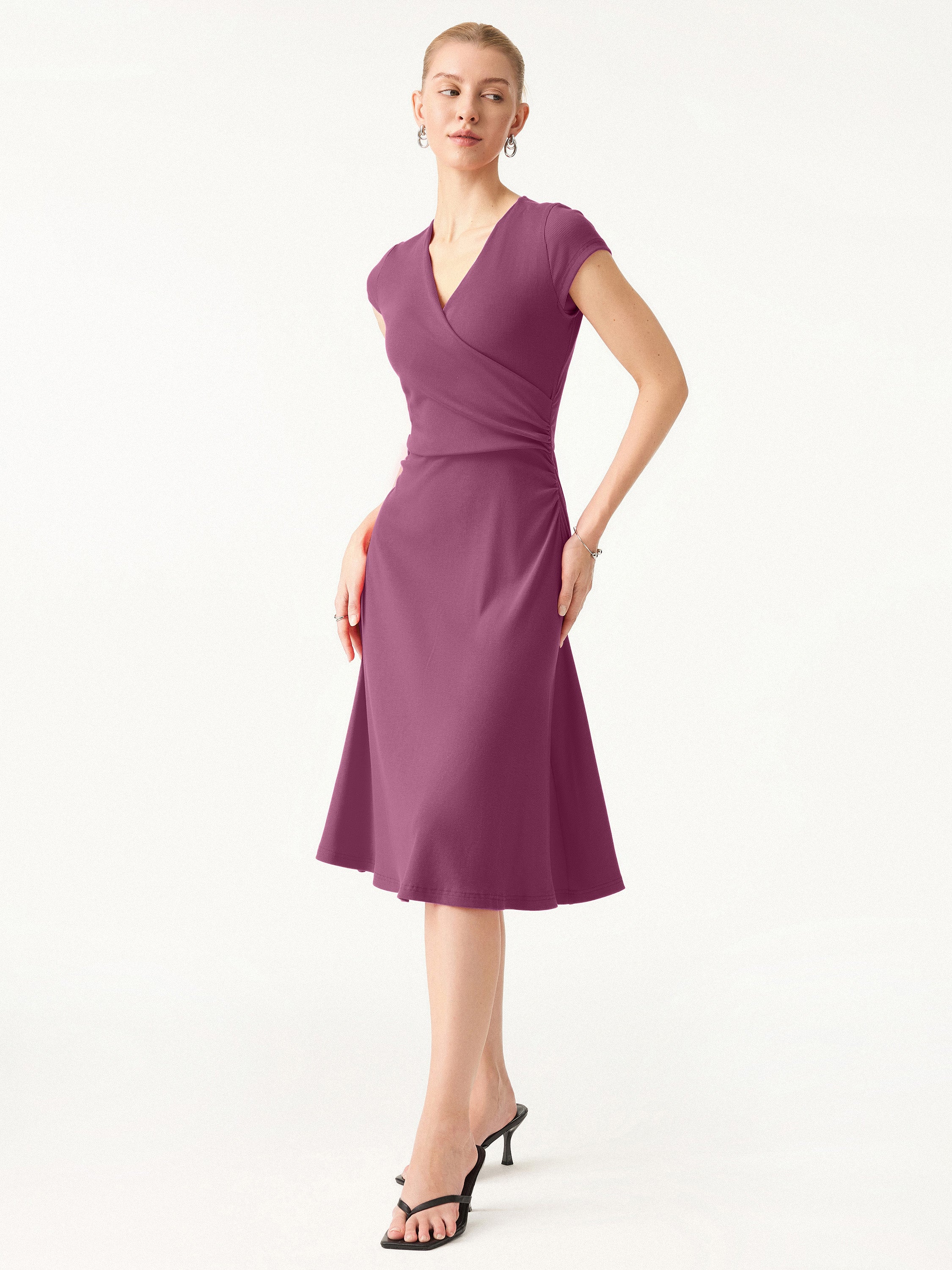 OGLmove Stretch Cotton Surplice V-Neck Cap Sleeve Midi Dress