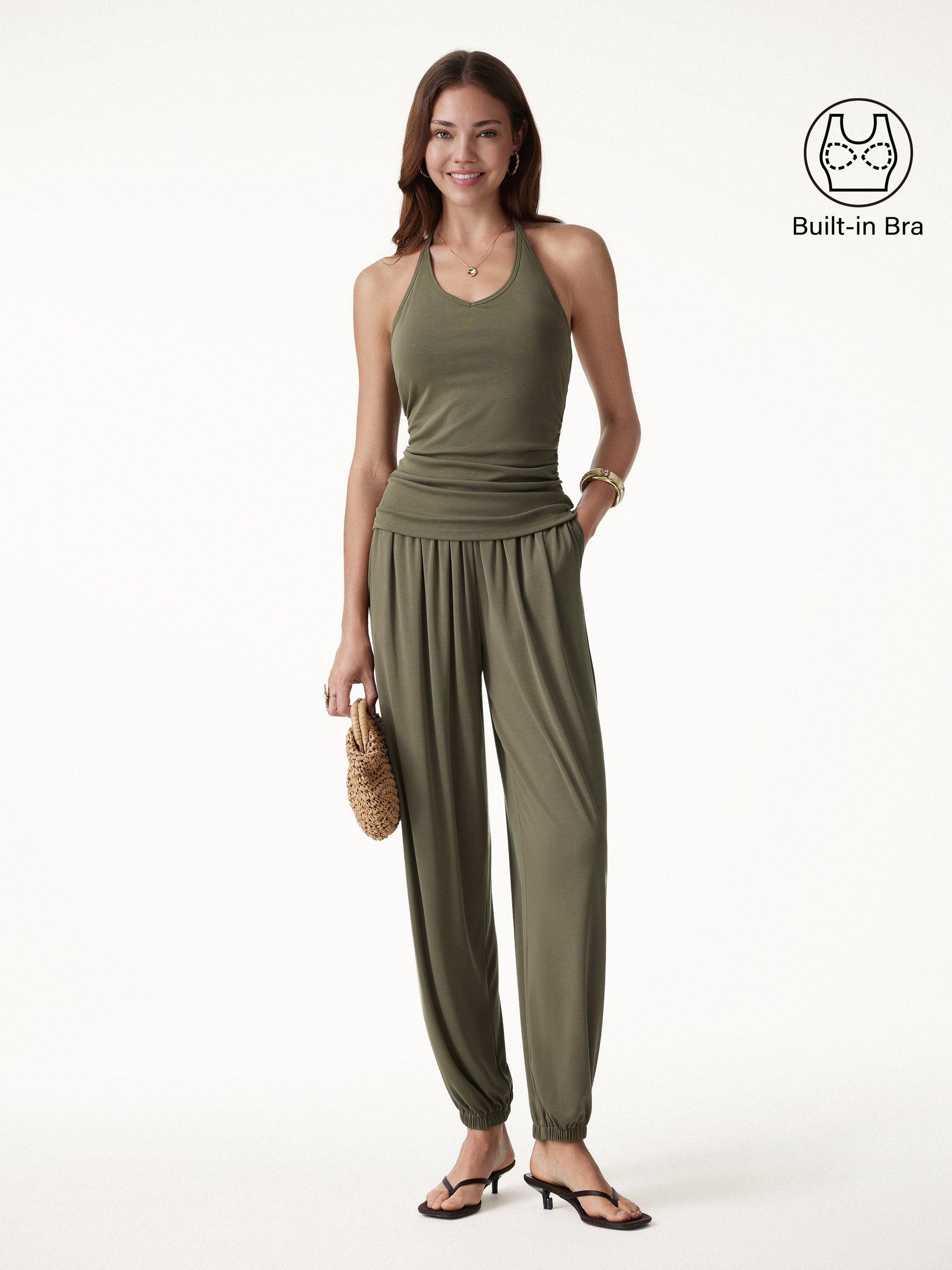 OGLmove 2-Piece Open Back Bra Top & Balloon Pants with Pockets
