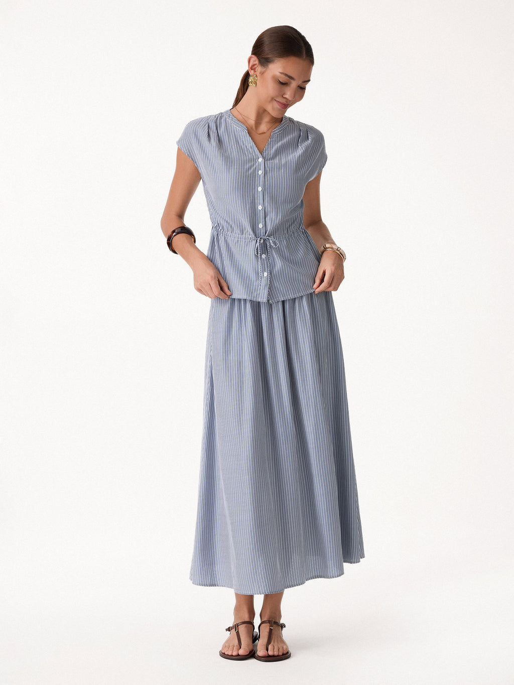 OGLmove Women's 2-Piece Set Drawstring Waist Poplin Shirt & High Rise Midi Skirt with Pockets