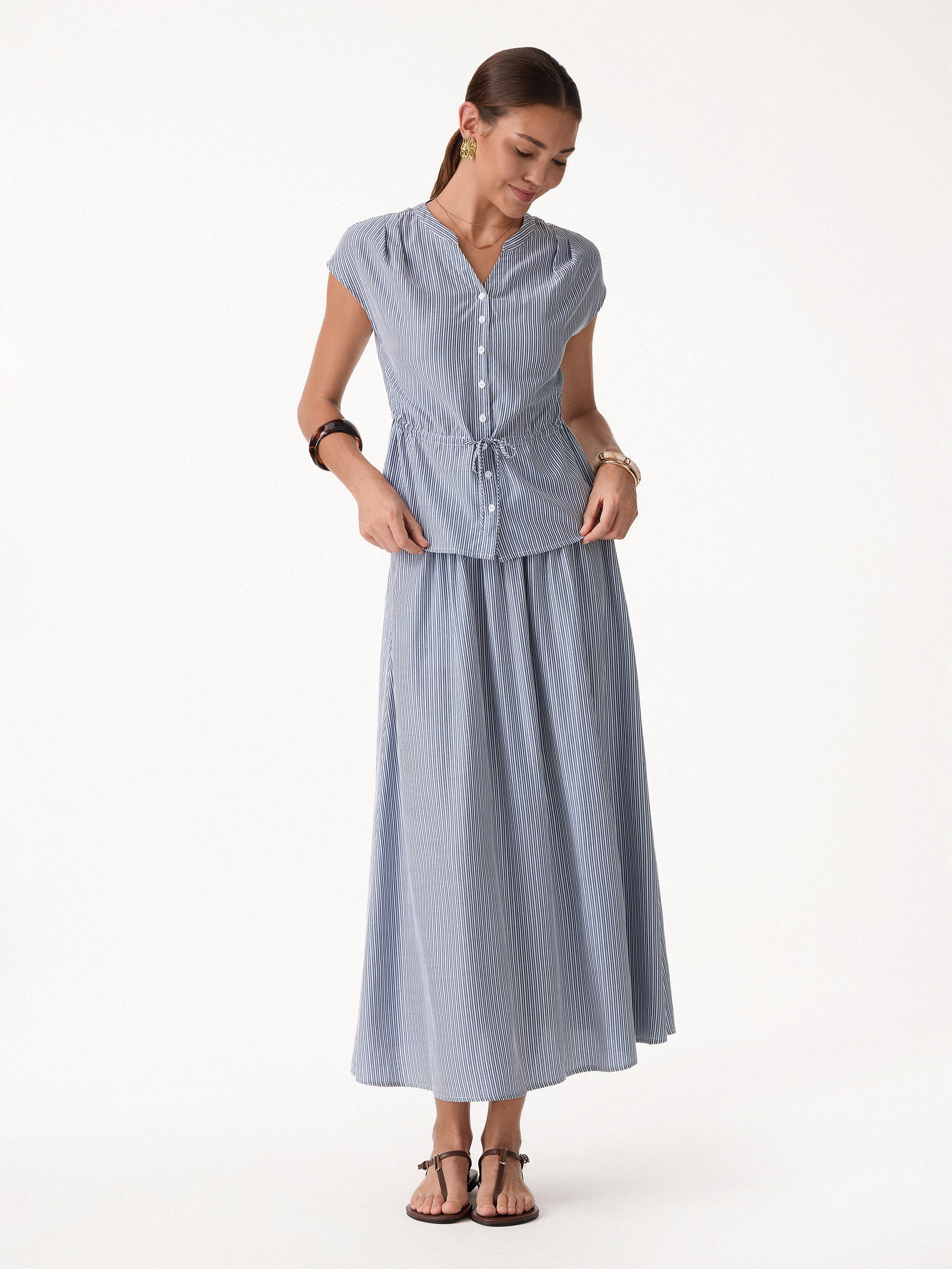 OGLmove Women's 2-Piece Set Drawstring Waist Poplin Shirt & High Rise Midi Skirt with Pockets