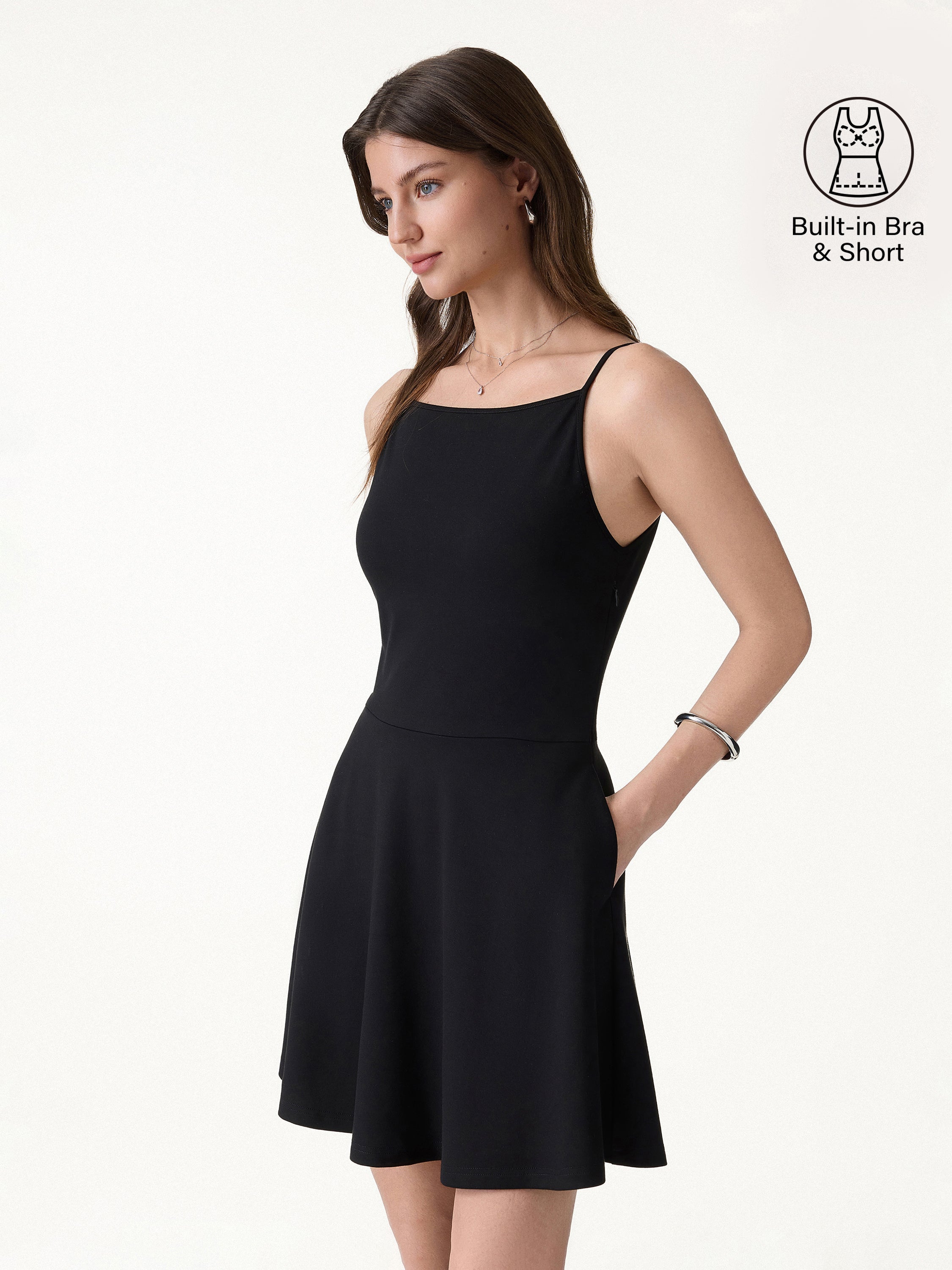 OGLmove Women's Stretch Ponte Square Neck Mini A-Line Bra Dress with Pockets