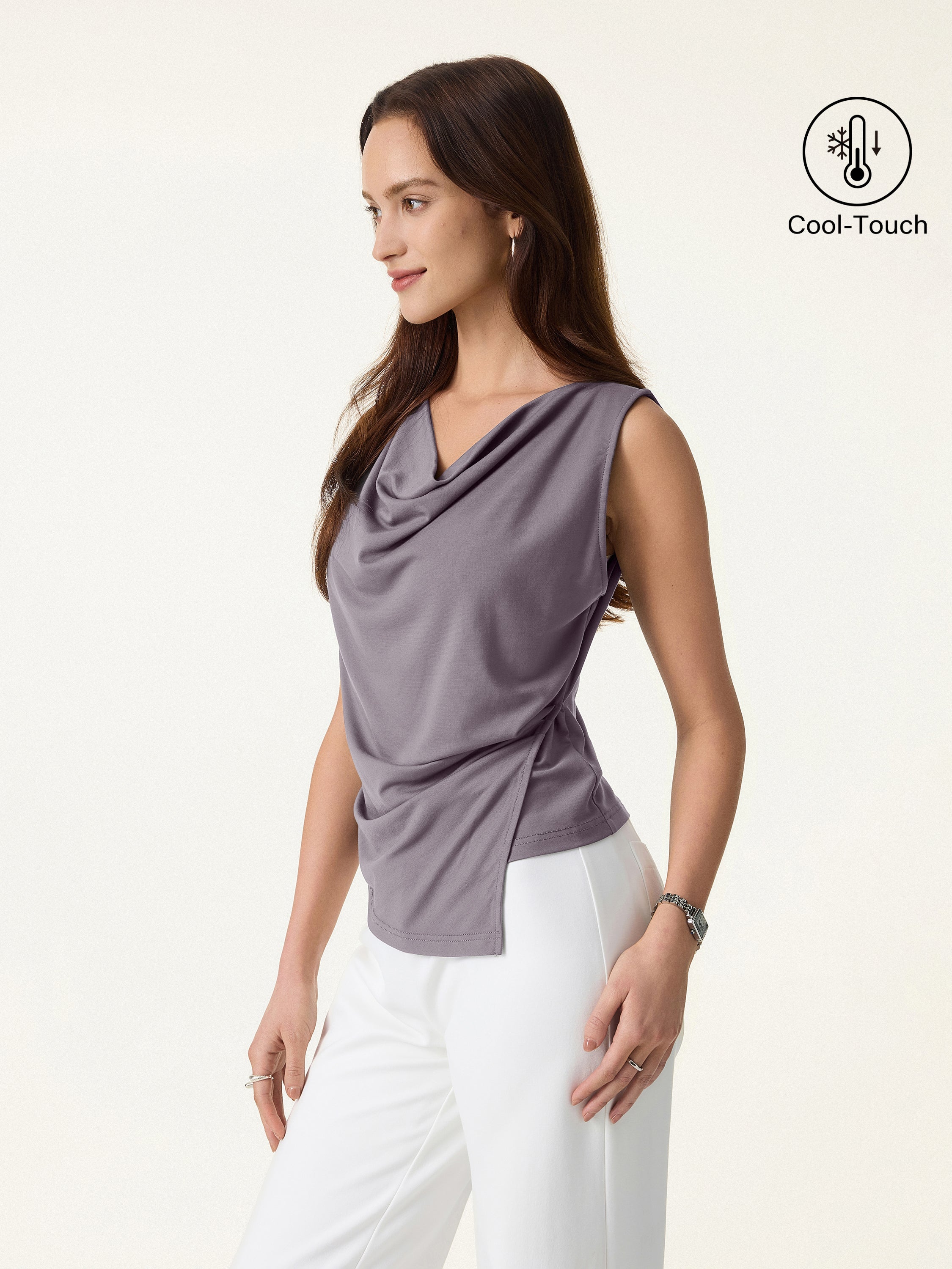 OGLmove Cowl Neck Asymmetrical Tucked Sleeveless Top