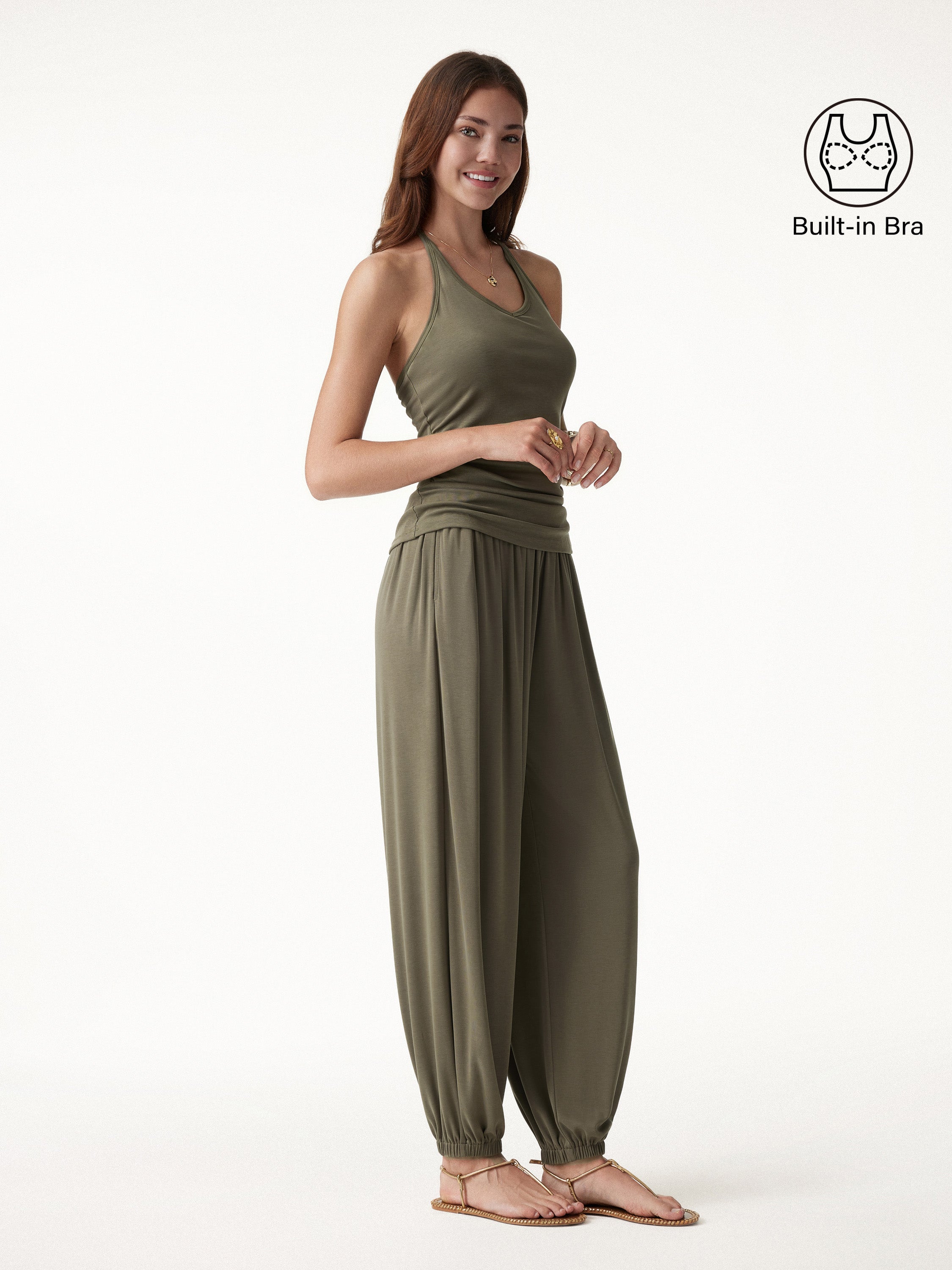 OGLmove 2-Piece Open Back Bra Top & Balloon Pants with Pockets