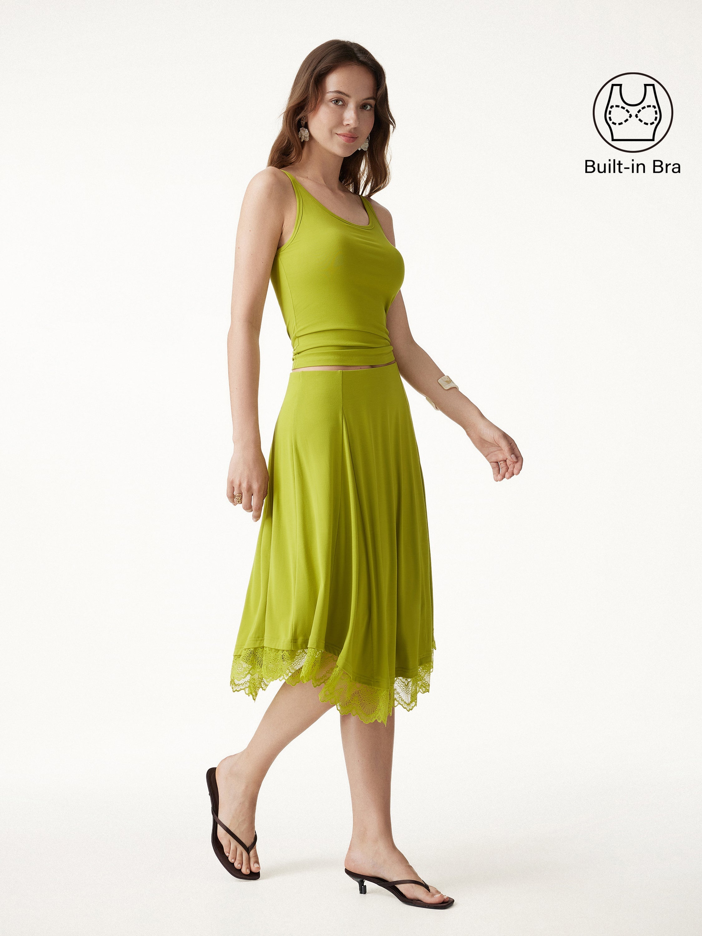 OGLmove Scoop Neck Bra Top & Lace Trim Midi Circle Flare Skirt 2-Piece Set