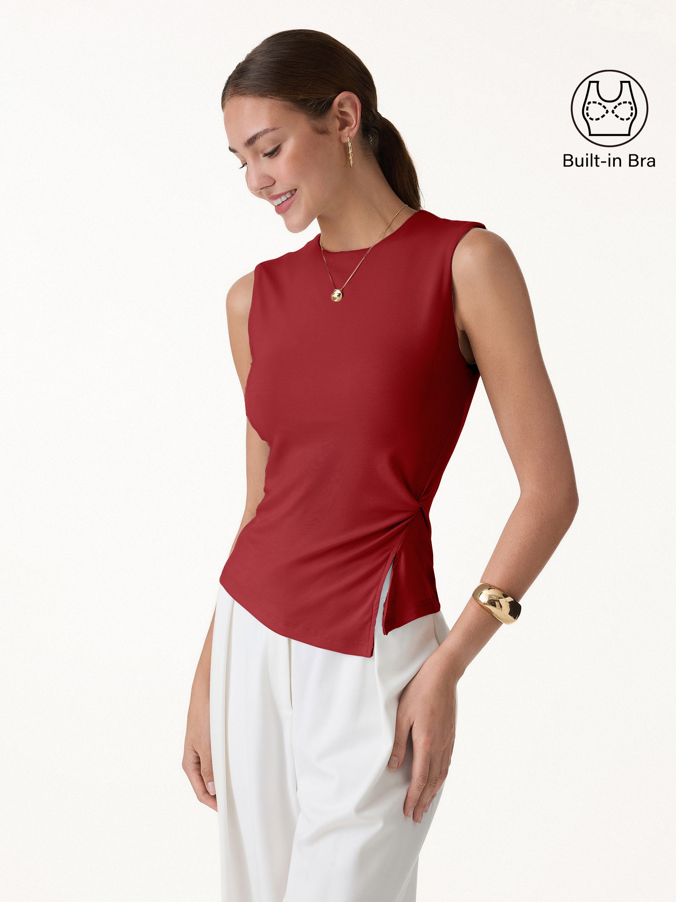 OGLmove Women's Round Neck Twisted Bra Tank with Slit