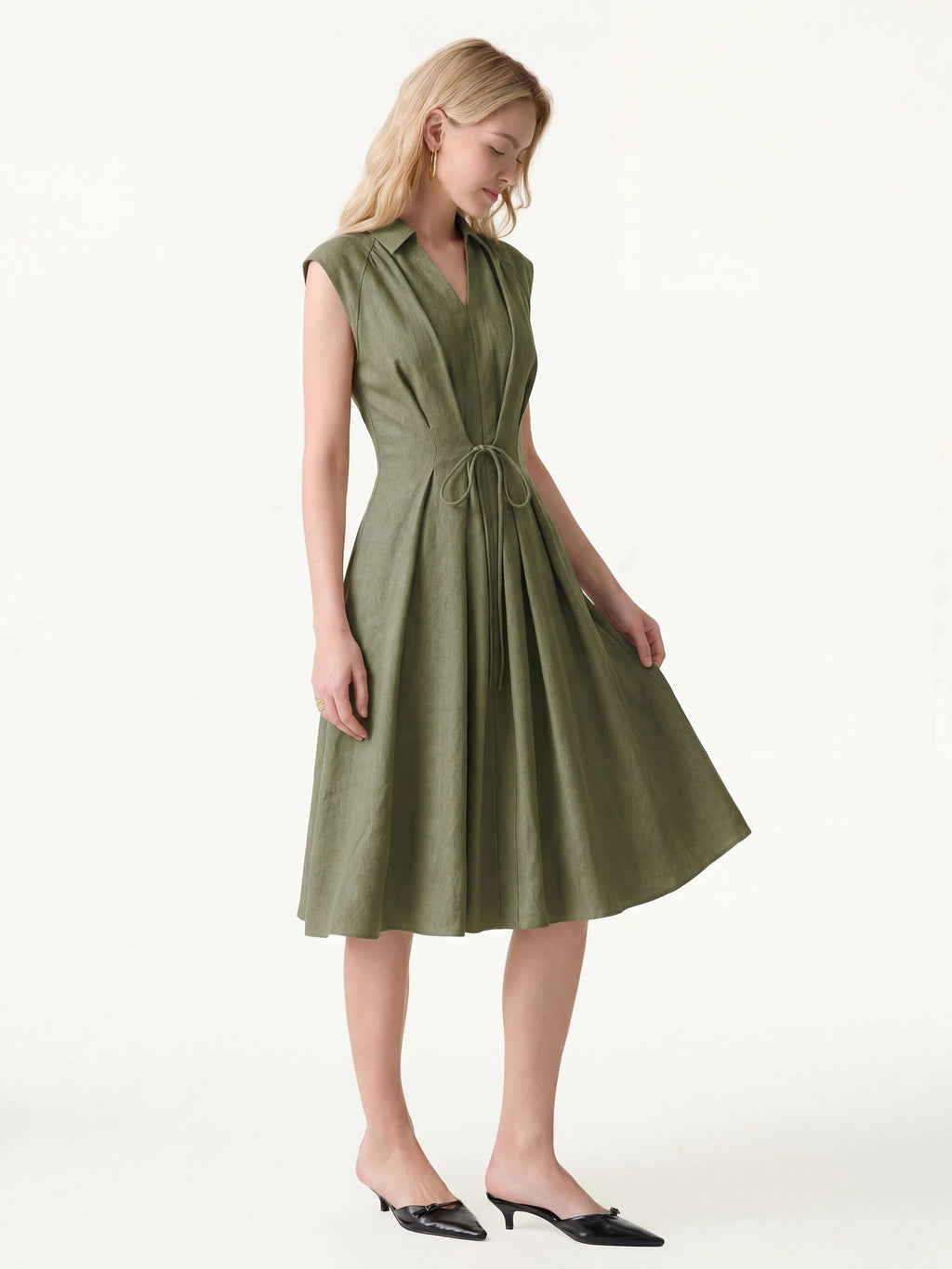 OGLmove Viscose-Linen Collared V-Neck Midi Dress with Drawstring