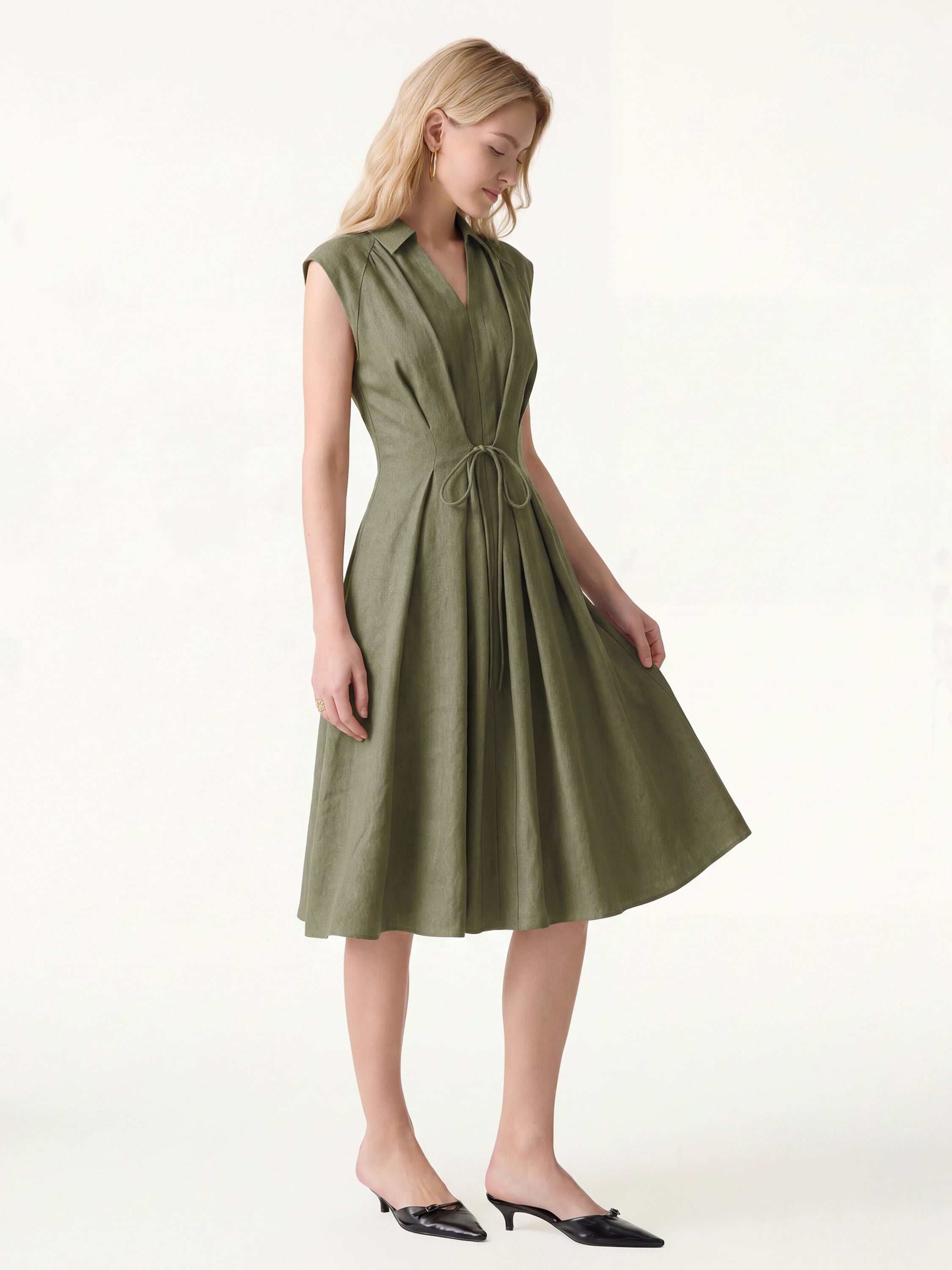 OGLmove Viscose-Linen Collared V-Neck Midi Dress with Drawstring