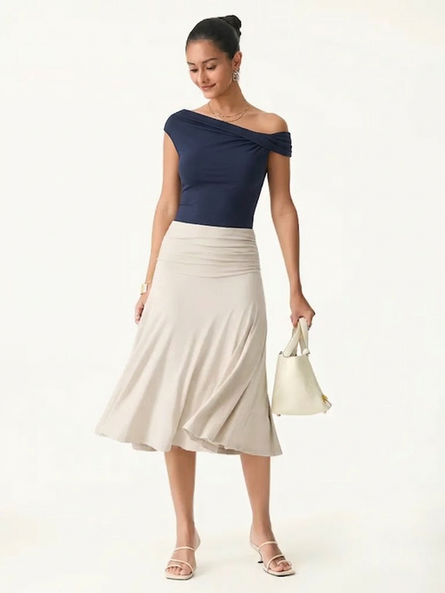 OGLmove 2Pcs Set Multi-Wear Bra Top & Side Ruched A-Line Midi Skirt