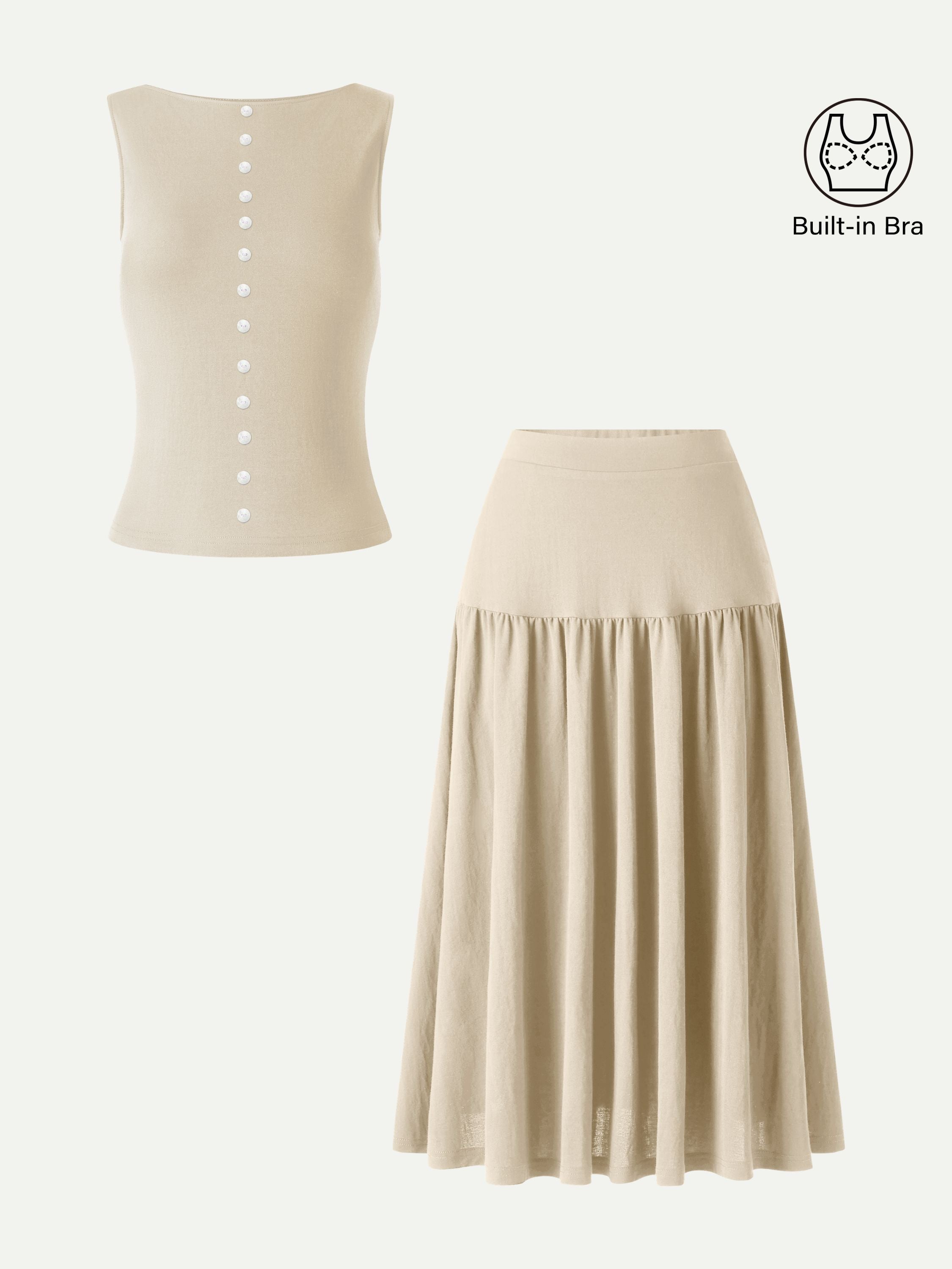 OGLmove 2Pcs Set Cropped Bra Top & Midi Skirt with Pockets
