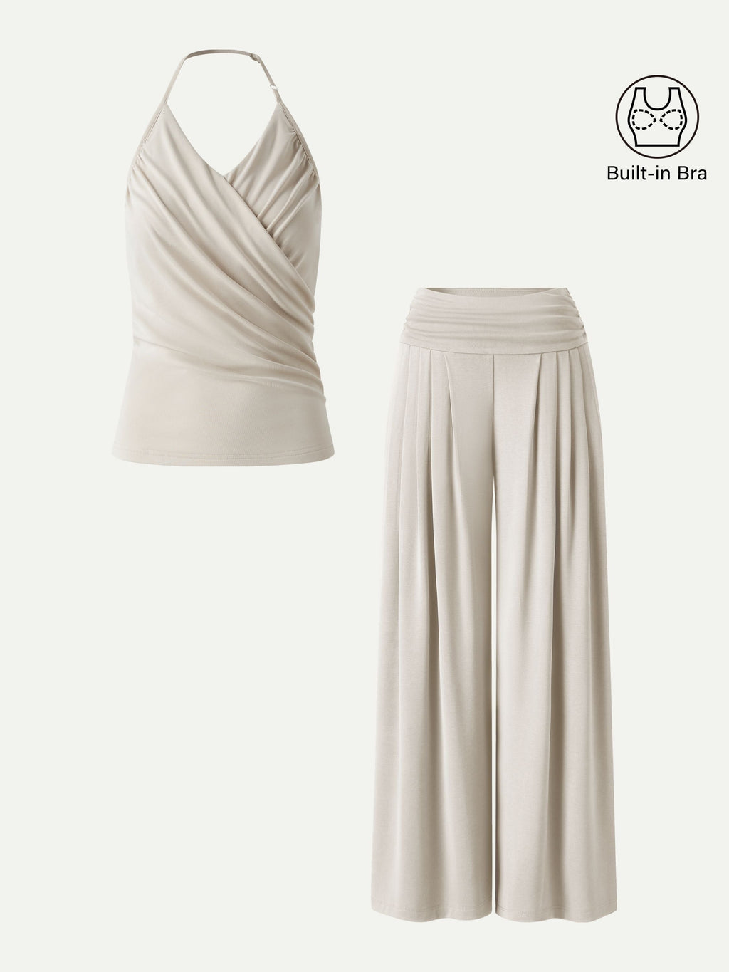 OGLmove Halter Neck Surplice Bra Top & Tucked Palazzo Pant Set with Pockets