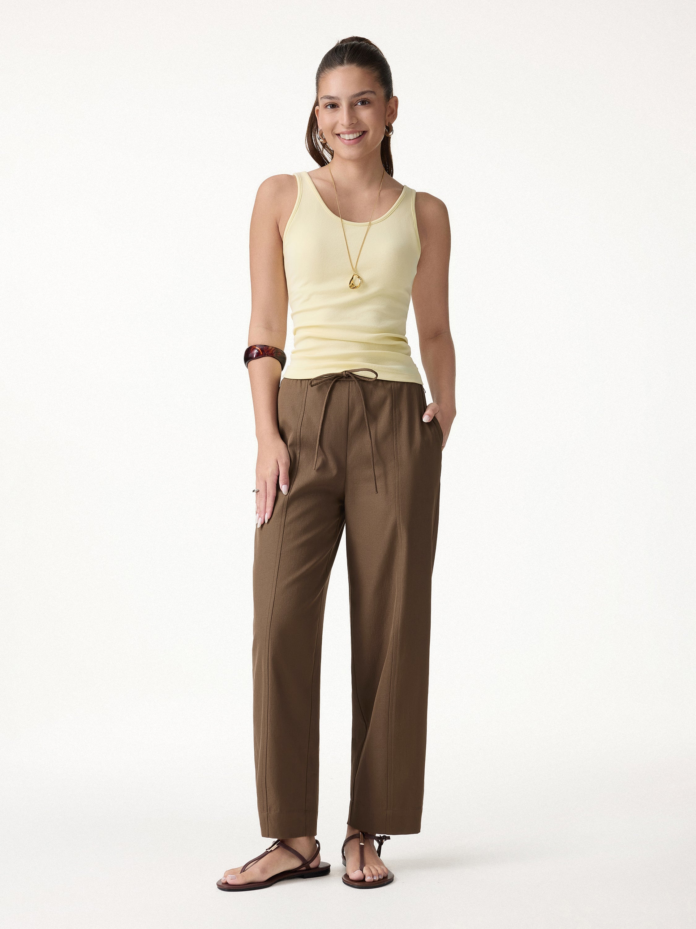 OGLmove Women's Mid Rise Tapered Leg Linen-Like Travel Pants