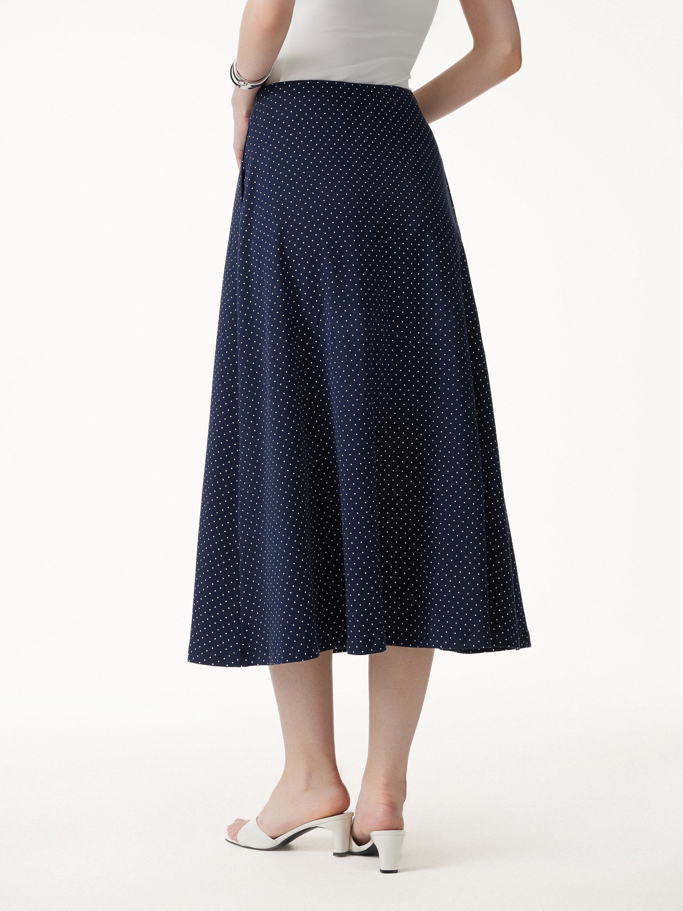 OGLmove Stretch Cotton Polka Dot A-Line Flare Midi Skirt with Pockets