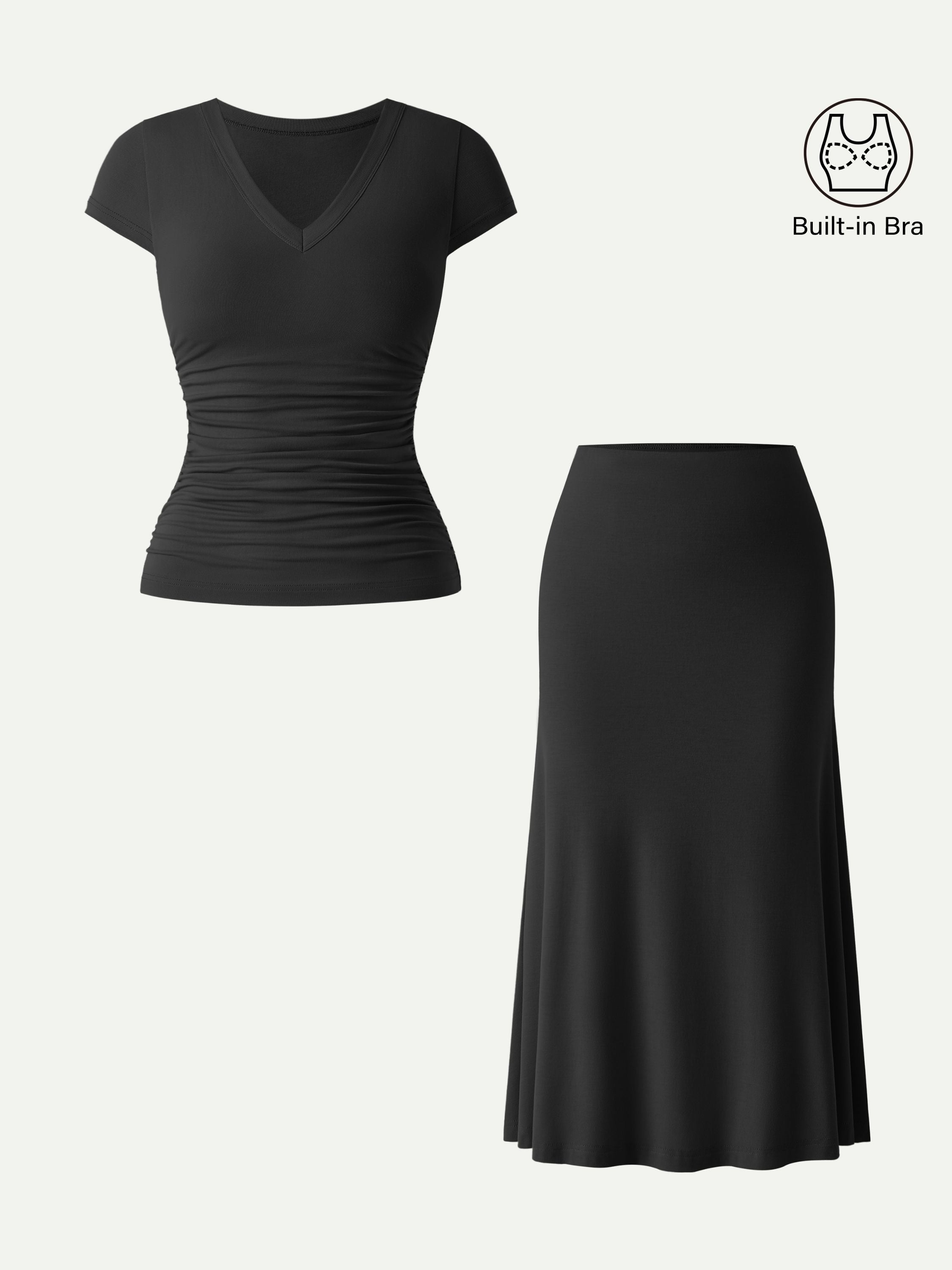OGLmove Women's V-Neck Cap Sleeve Bra Tee & Pull-On Mermaid Midi Skirt 2Pcs Set