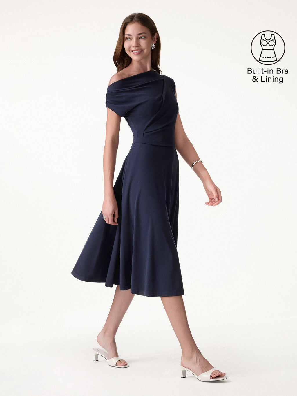 OGLmove Asymmetrical Shoulder Tucked Midi Bra Dress with Pockets