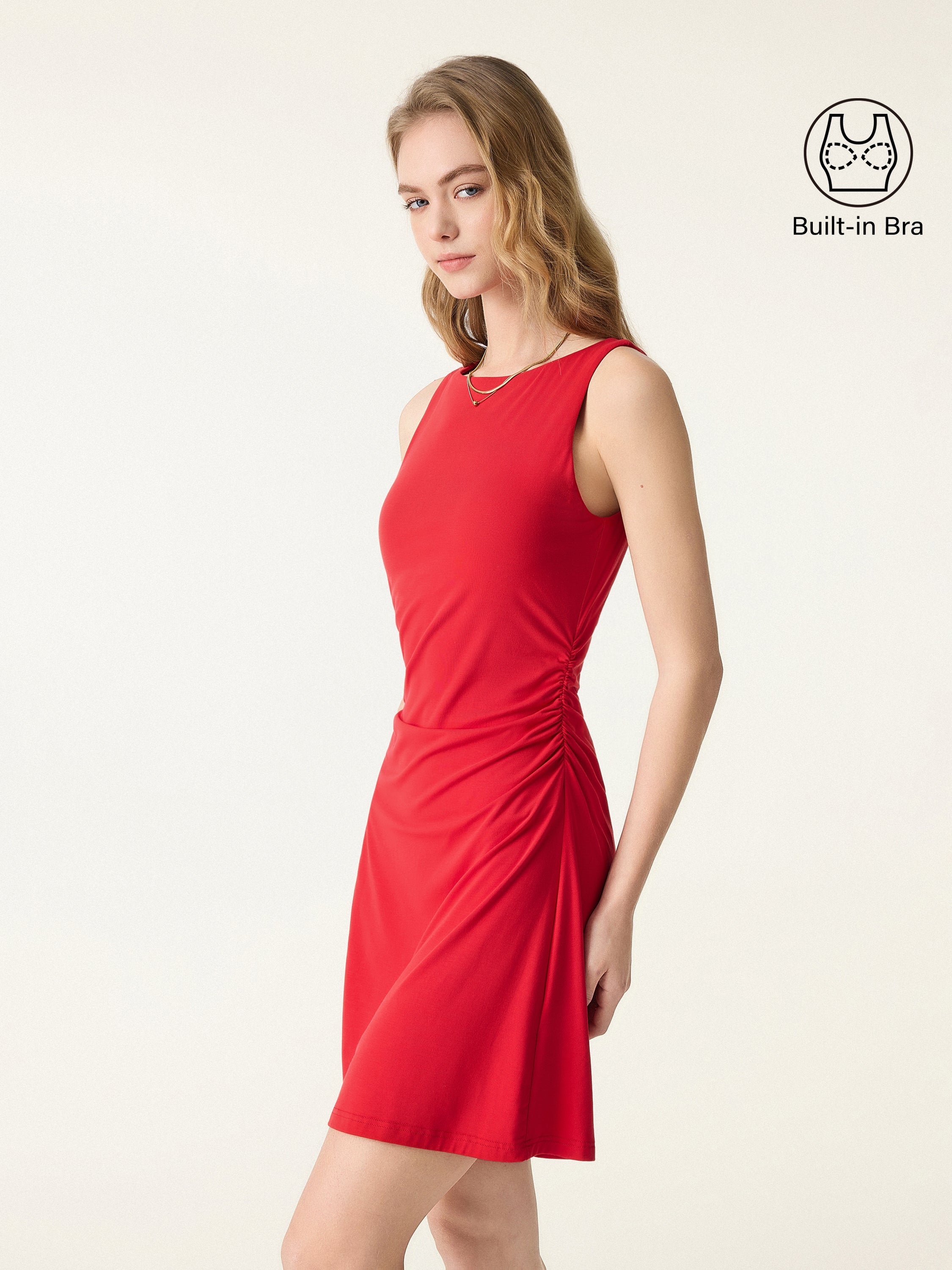 OGLmove Women's Boatneck Ruched A-Line Mini Bra Dress