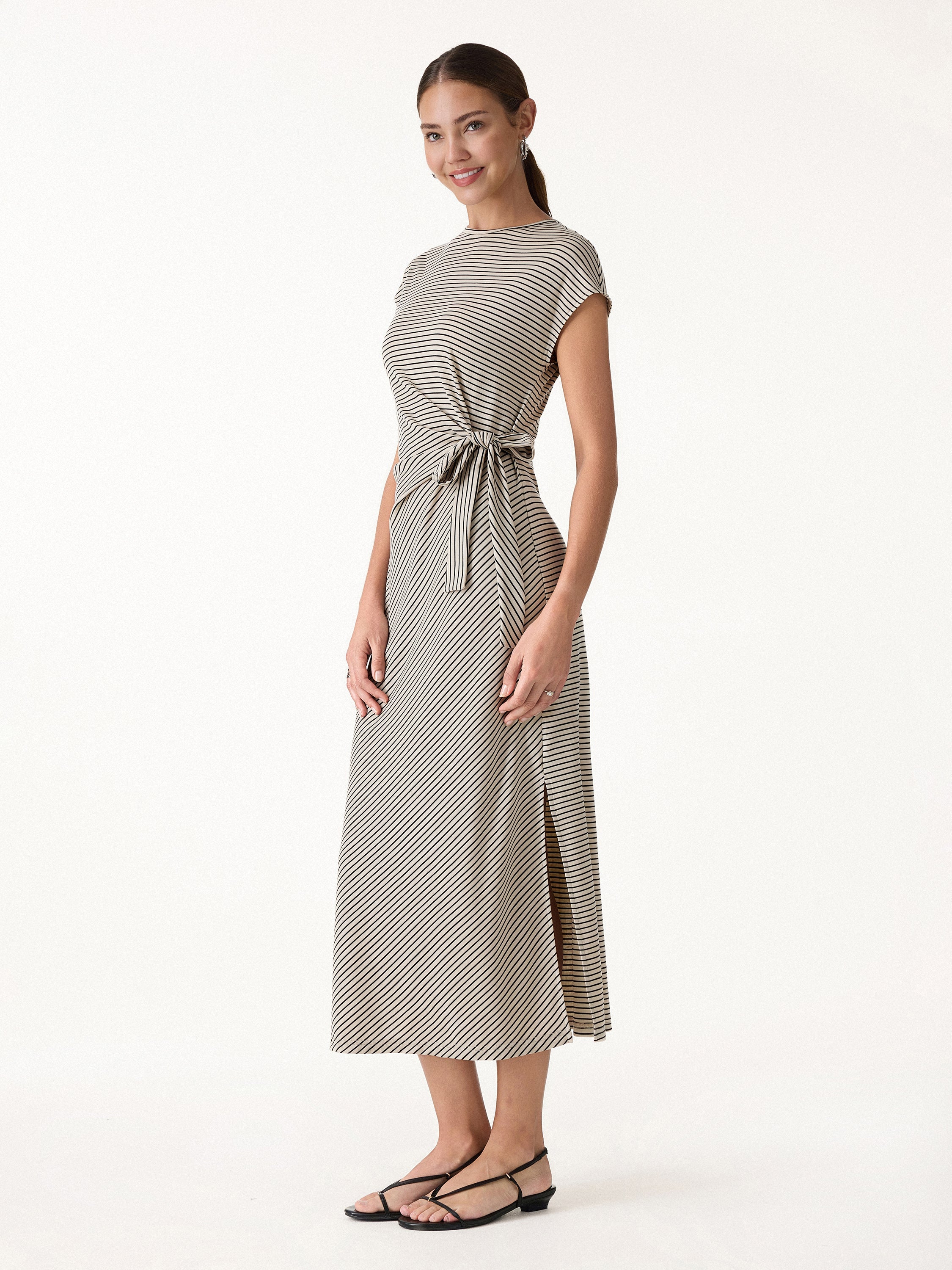 OGLmove Striped Relaxed Midi Dress with Self-Tie