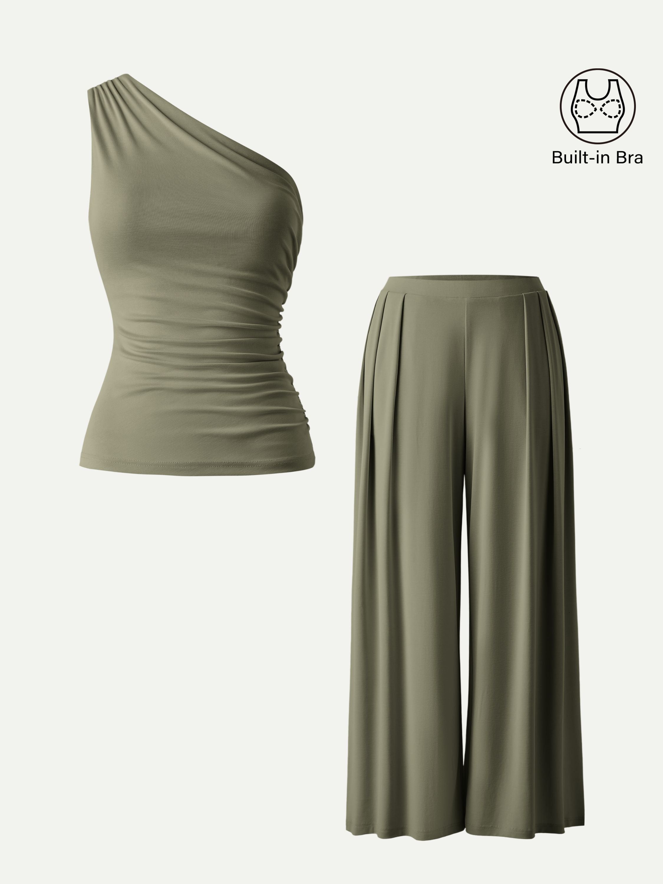 OGLmove Women's Regular Wide Leg Palazzo Pant with Pockets & Ruched Bra Tank Set
