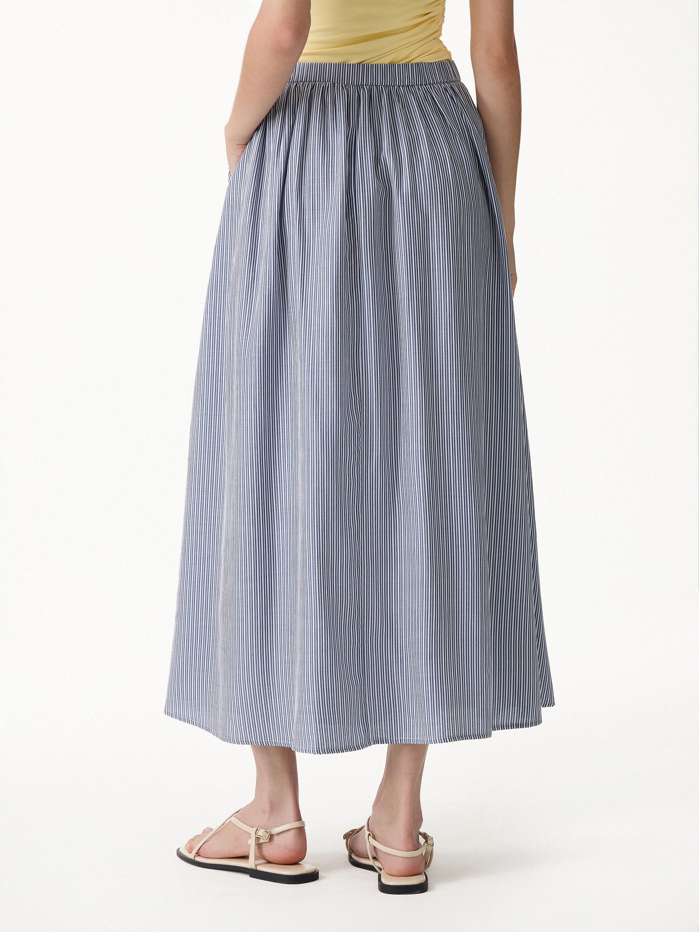 OGLmove Striped Poplin High Rise Umbrella Midi Skirt with Pockets