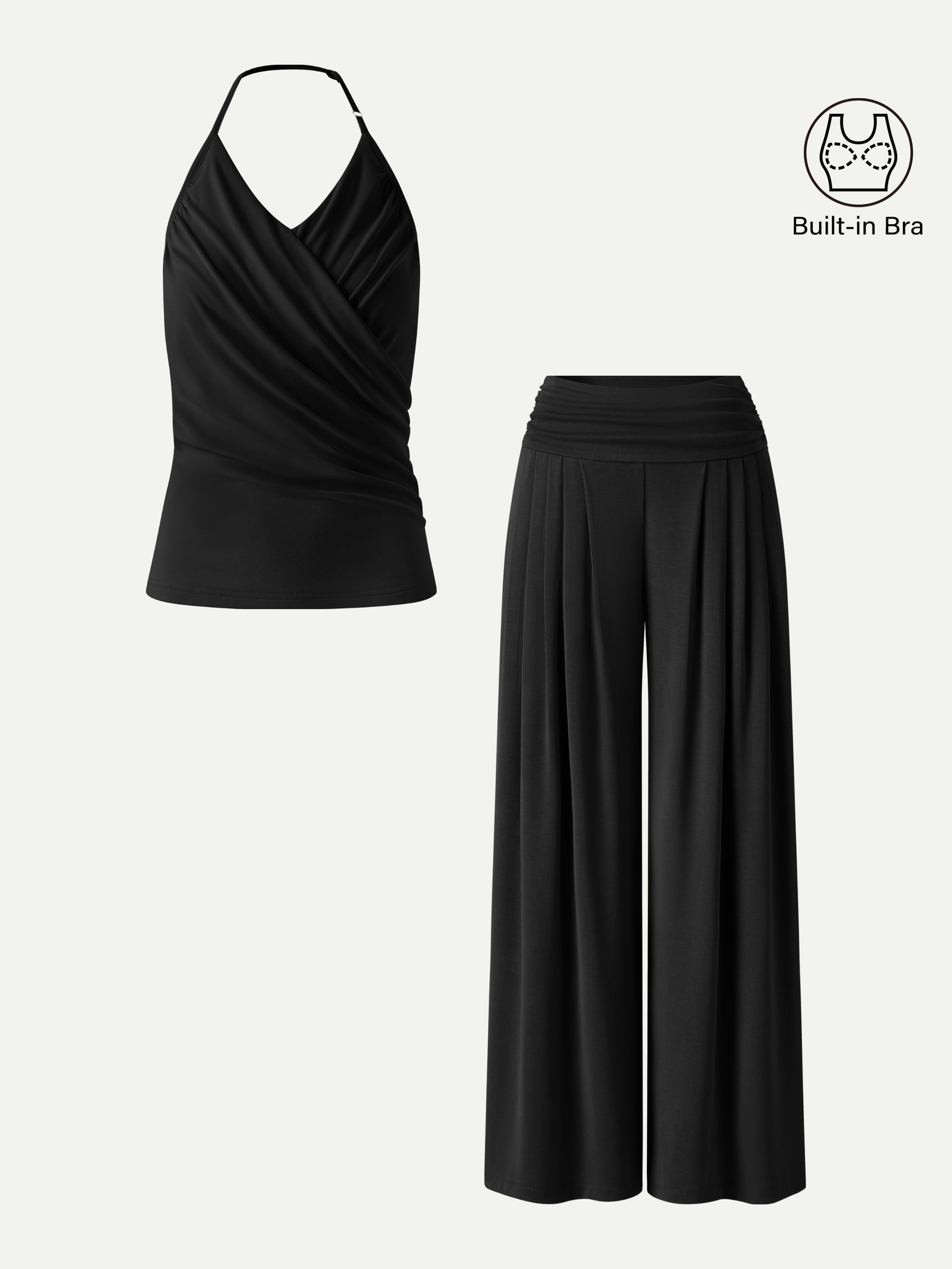OGLmove Halter Neck Surplice Bra Top & Tucked Palazzo Pant Set with Pockets
