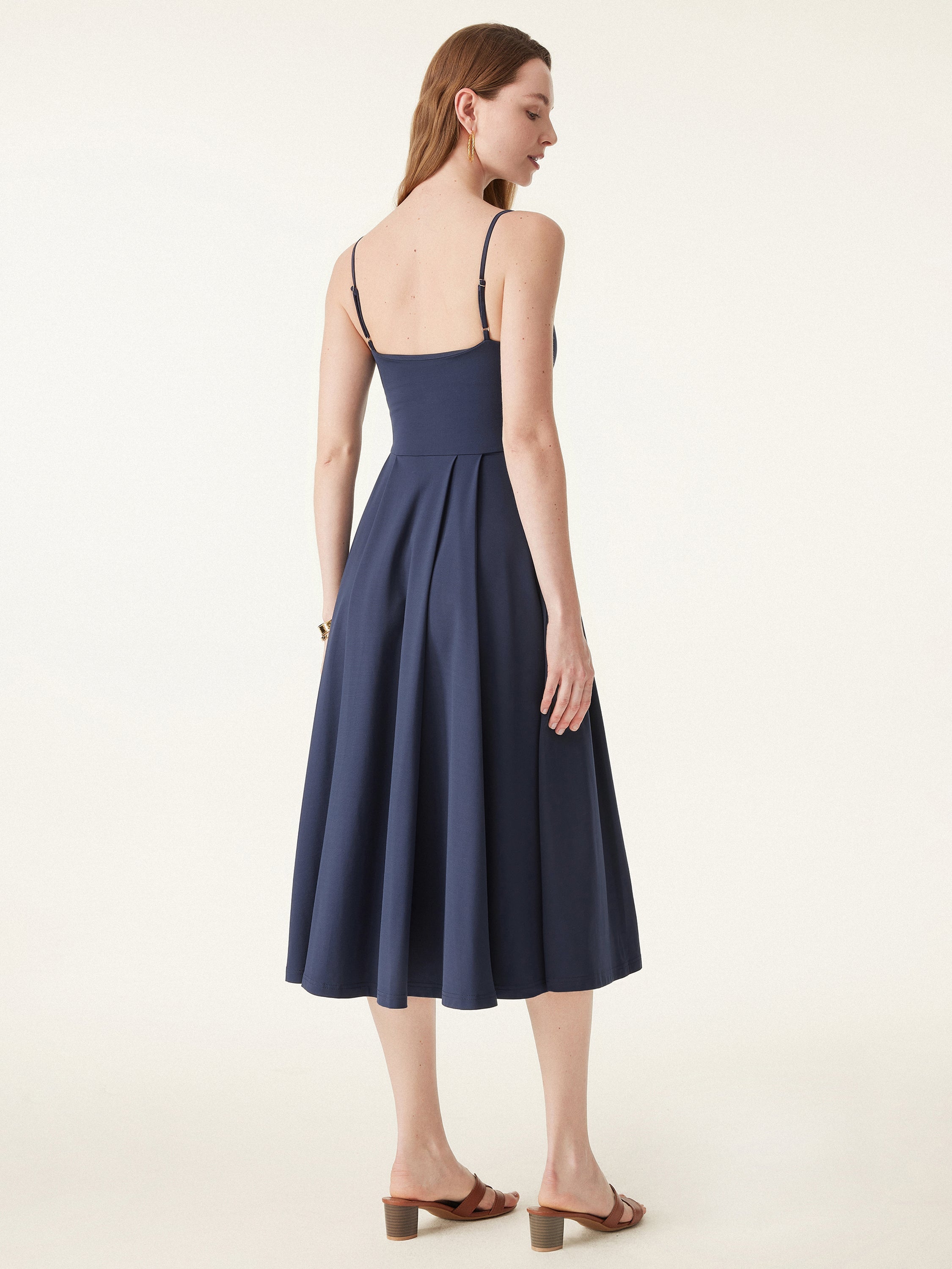 OGLmove Women's Bamboo Ponte V-Neck Fit-and-Flare Midi Bra Sundress with Pockets