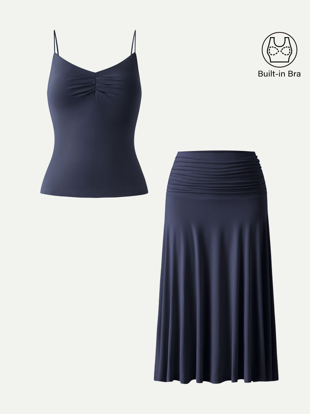 OGLmove Front Tucked Spaghetti Brami A-line Midi Skirt 2-Piece Set