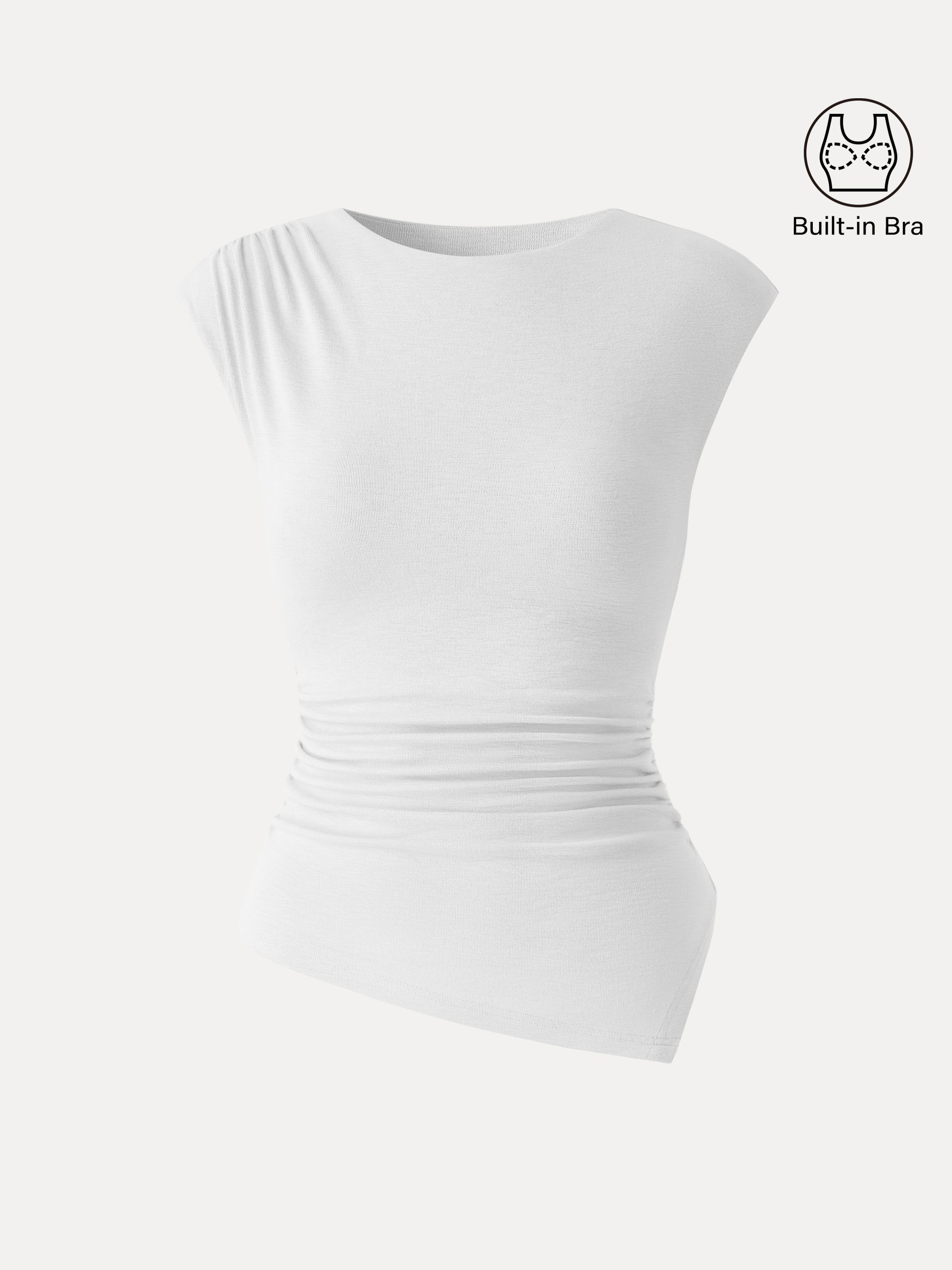 OGLmove Women's Matte Smooth Cap Sleeve Ruched Asymmetrical Bra Top