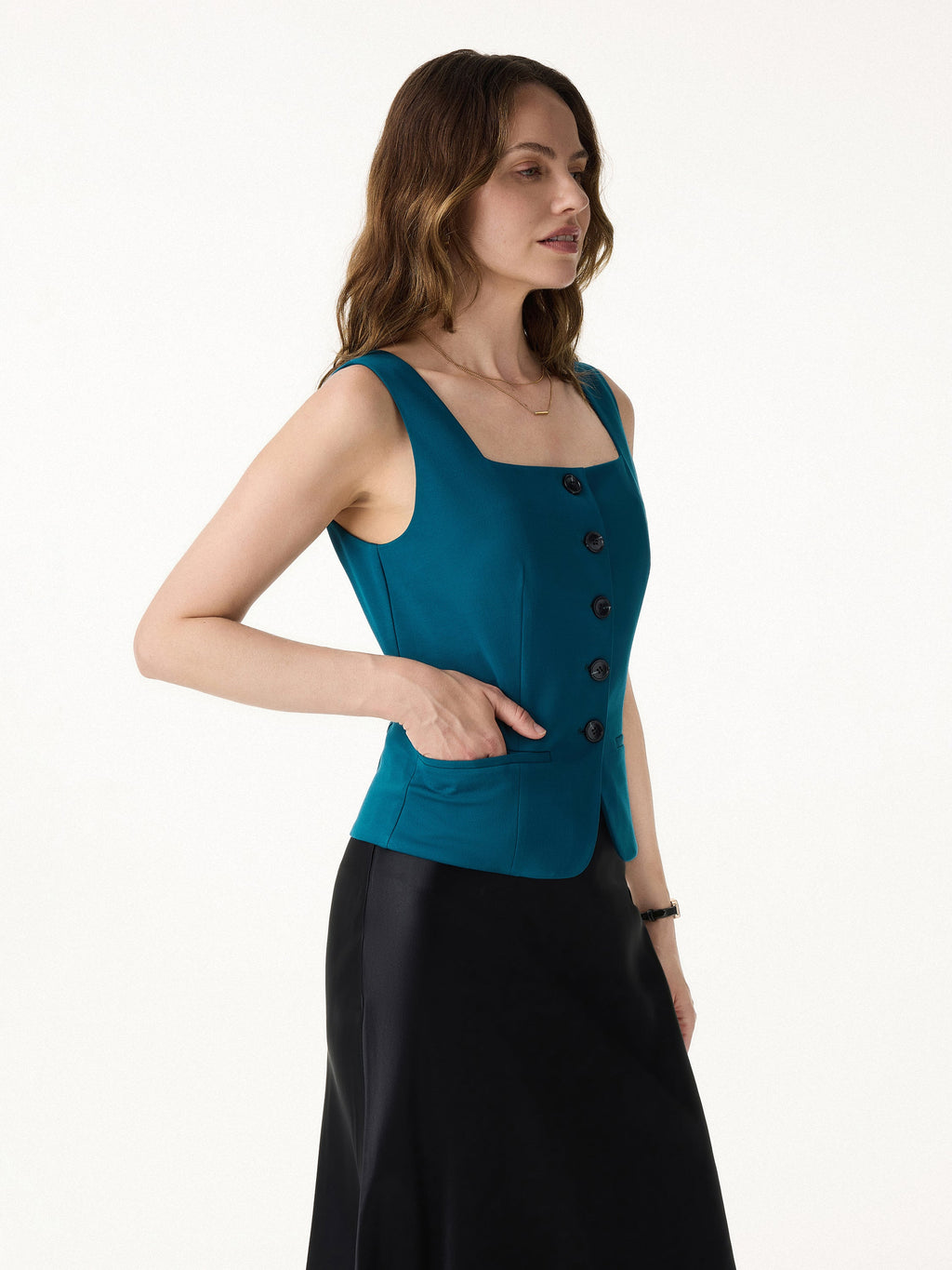 OGLmove Stretch Ponte Square Neck Cropped Waistcoat with Pockets