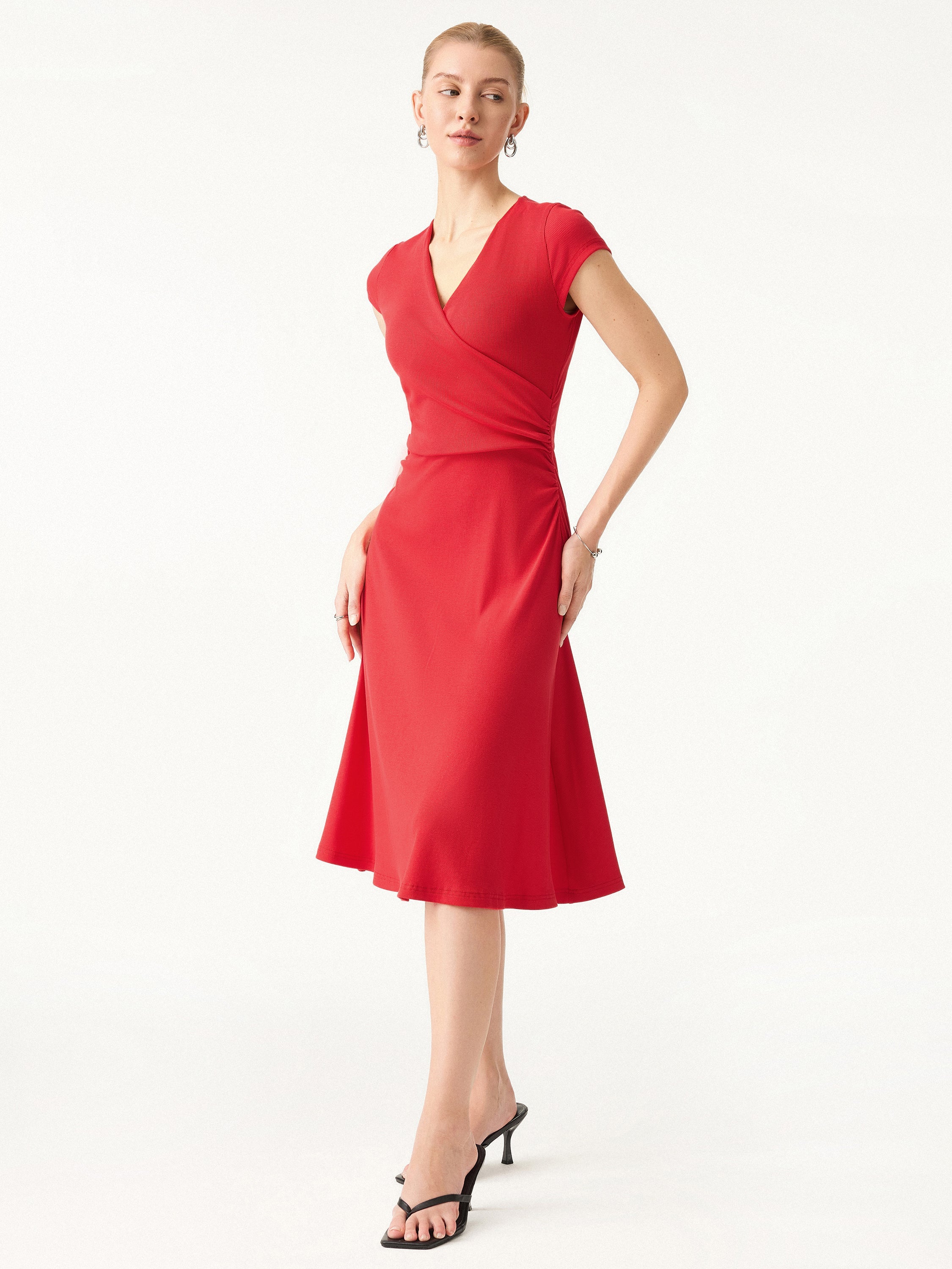 OGLmove Stretch Cotton Surplice V-Neck Cap Sleeve Midi Dress