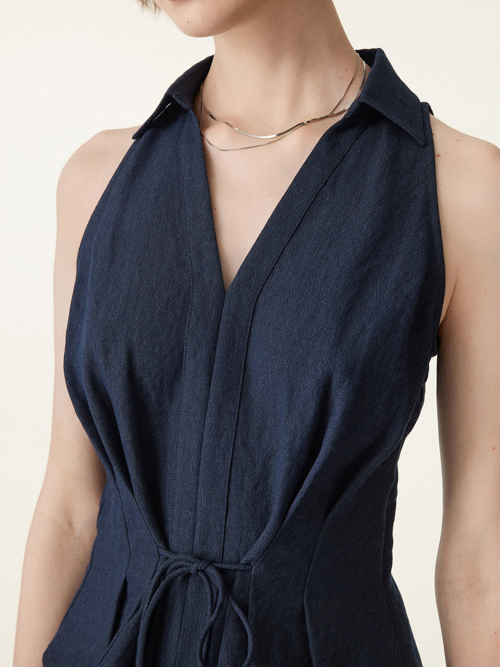 OGLmove Collared V-Neck Pleated Sleeveless Top with Drawstring