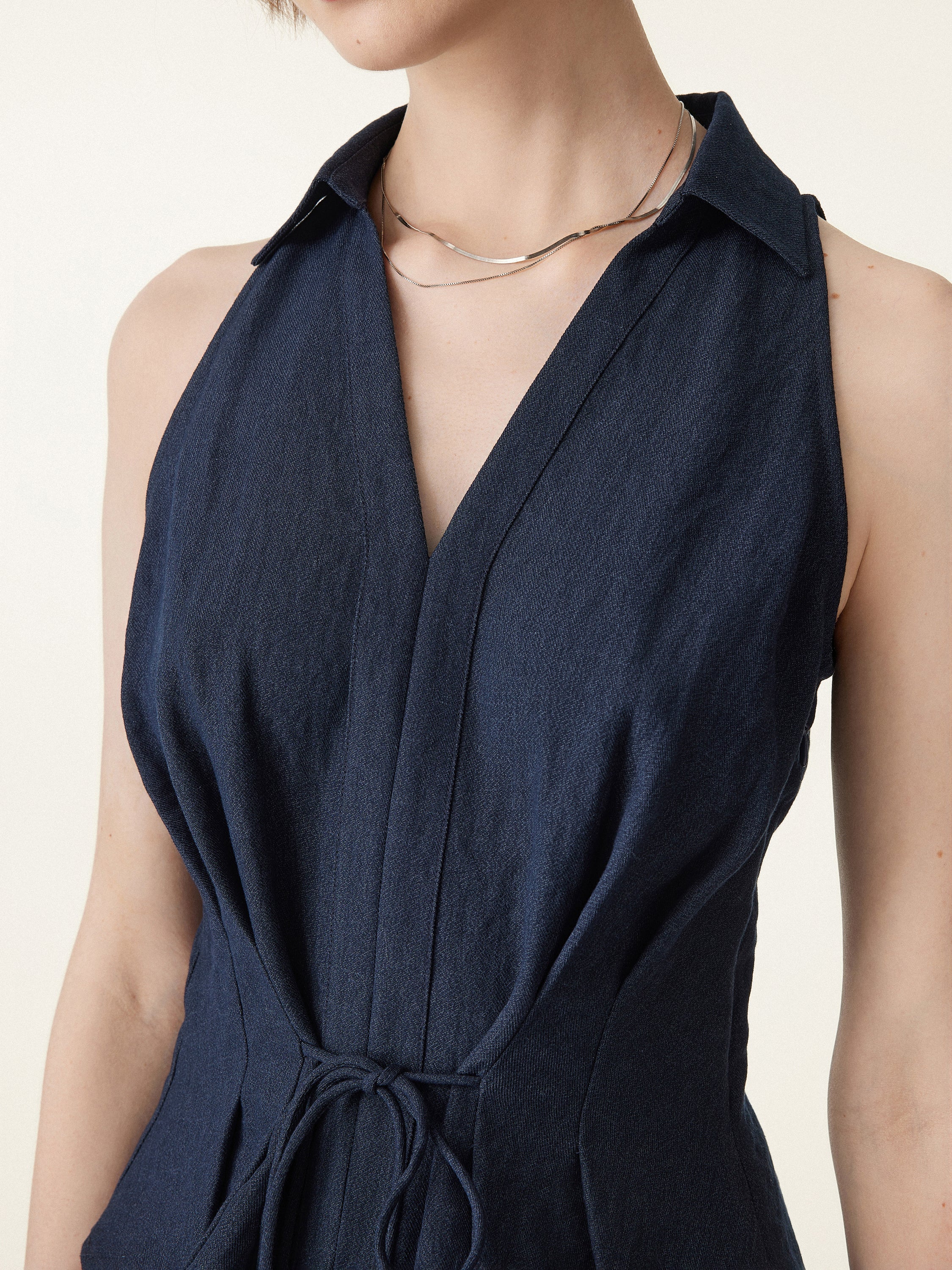 OGLmove Collared V-Neck Pleated Sleeveless Top with Drawstring