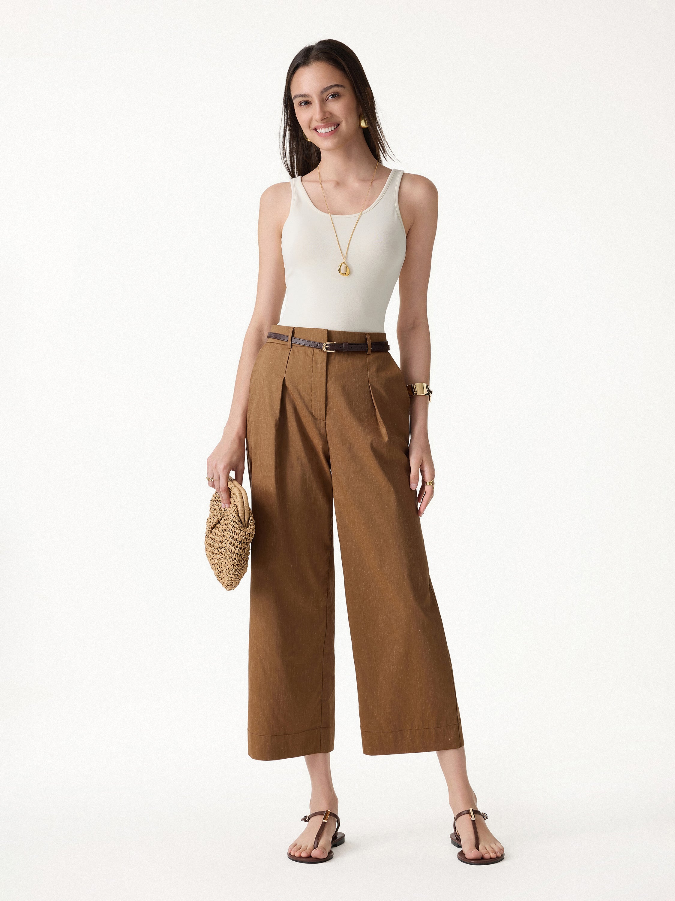 OGLmove Linen Lyocell Blend High Rise Cropped Wide Leg Pant