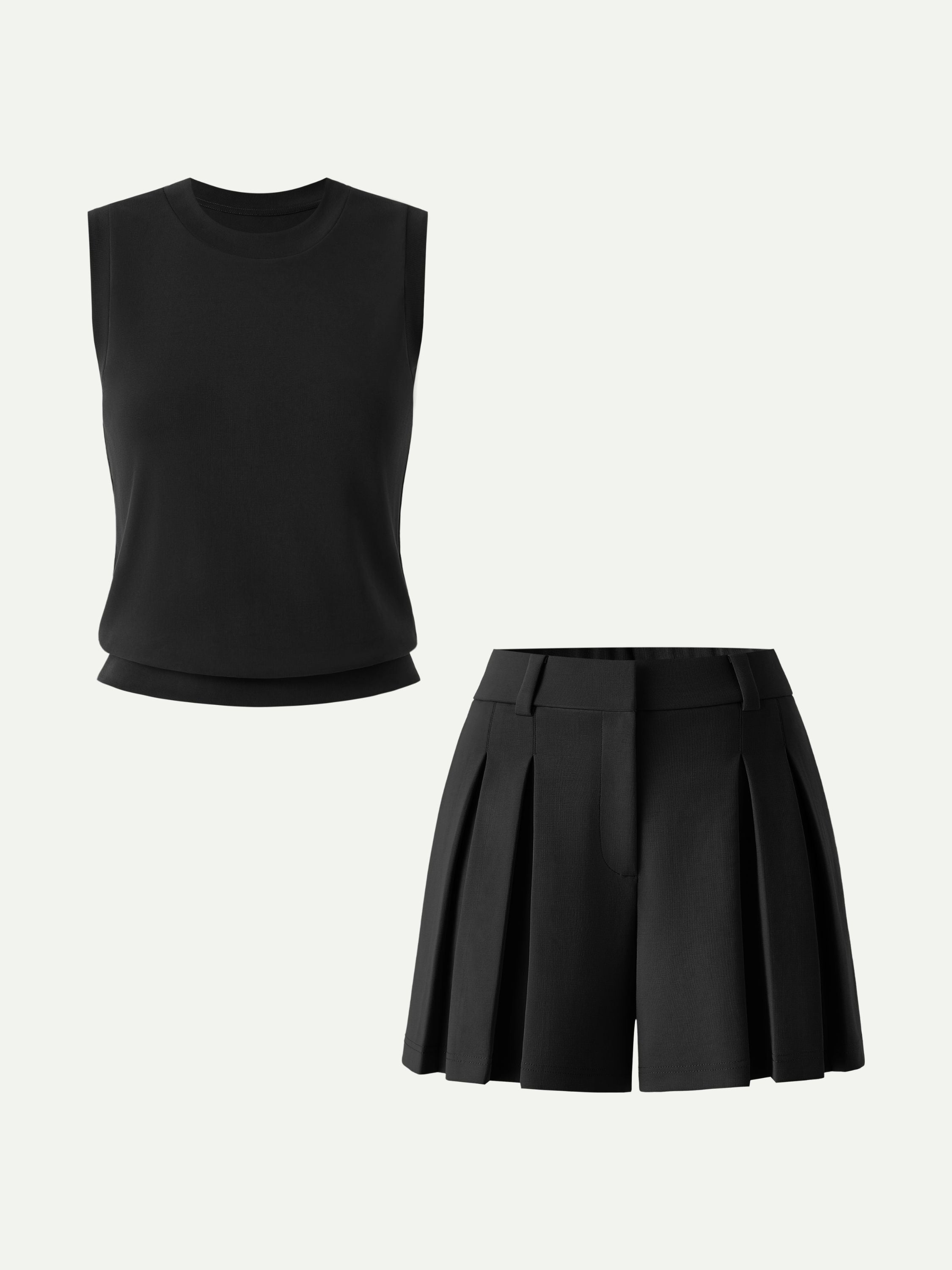 OGLmove Crew Neck Top and A-Line Pleated Shorts Set